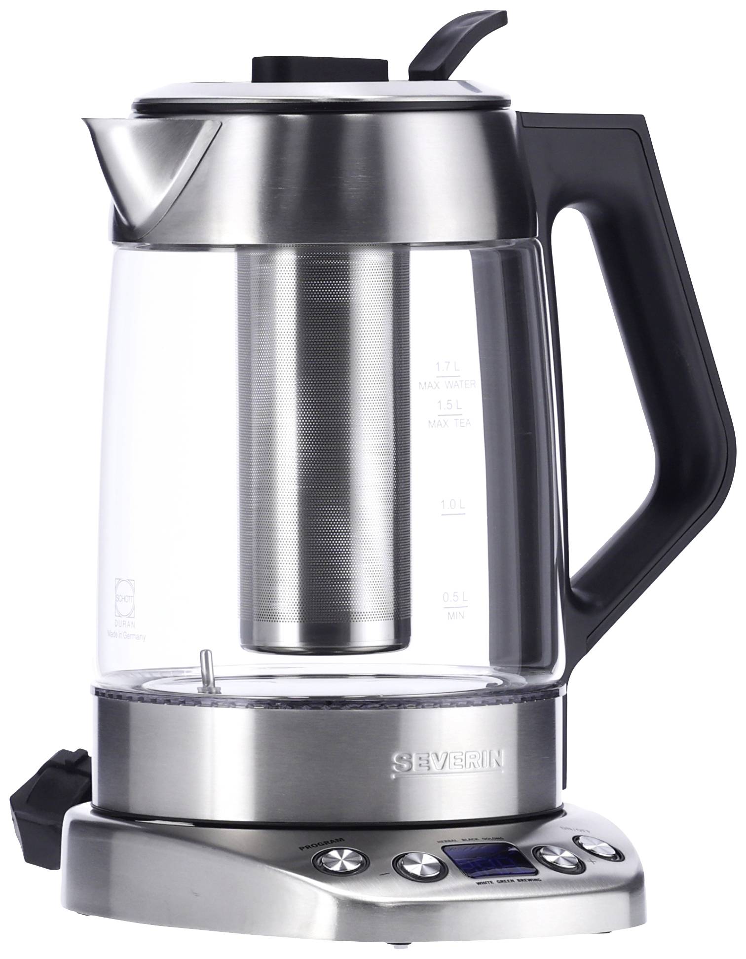 Severin WK 3479 Wasserkocher schnurlos, Überhitzungsschutz Glas, Edelstahl (gebürstet), Schwarz Fassungsvermögen: 1.7 l