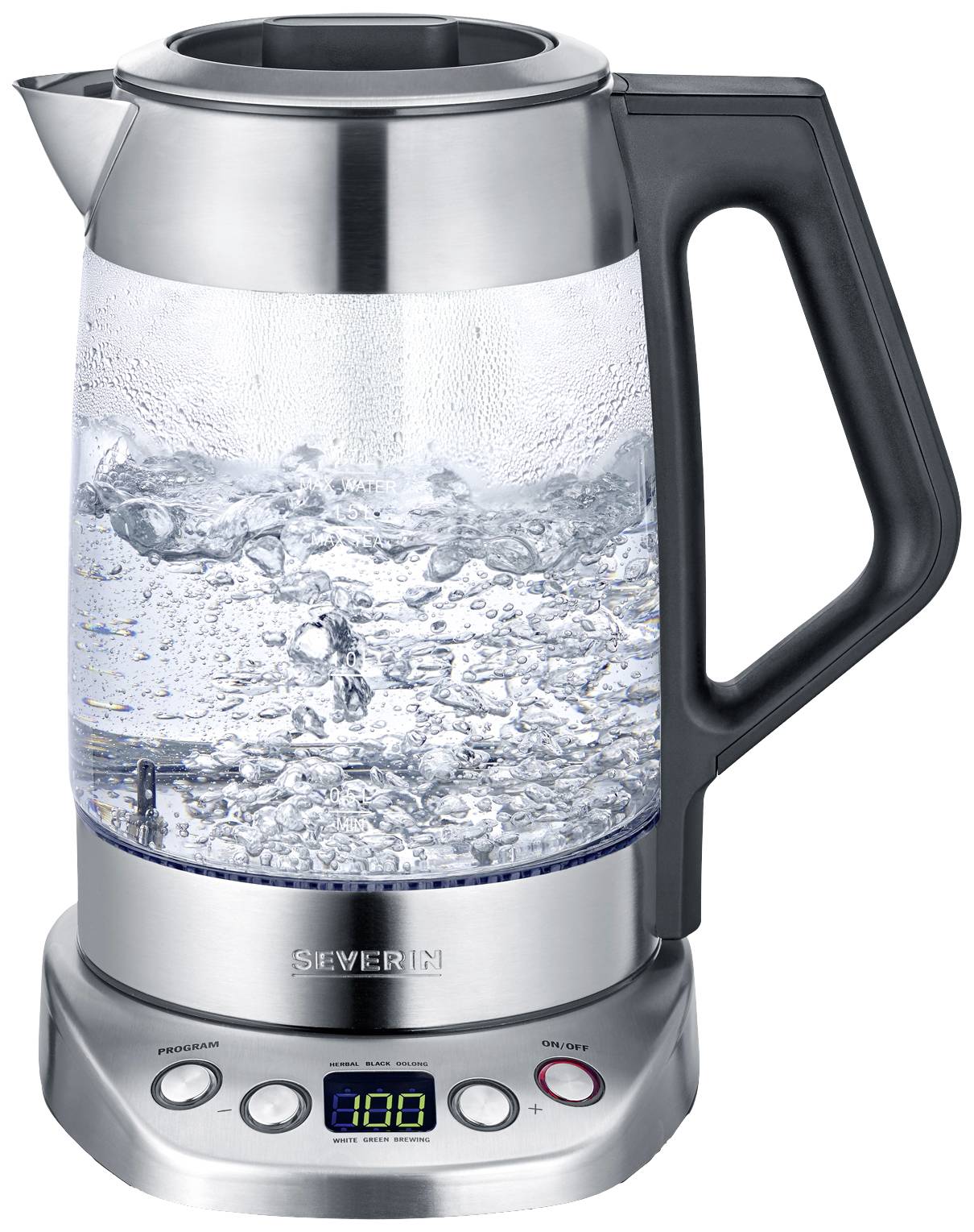 Severin WK 3479 Wasserkocher schnurlos, Überhitzungsschutz Glas, Edelstahl (gebürstet), Schwarz Fassungsvermögen: 1.7 l