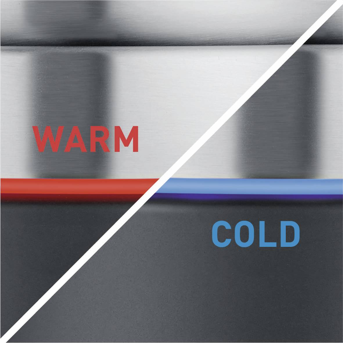 'WARM' in Rot und 'COLD' in Blau auf Metallhintergrund, symbolisiert Temperaturunterschiede mit roten und blauen Linien.