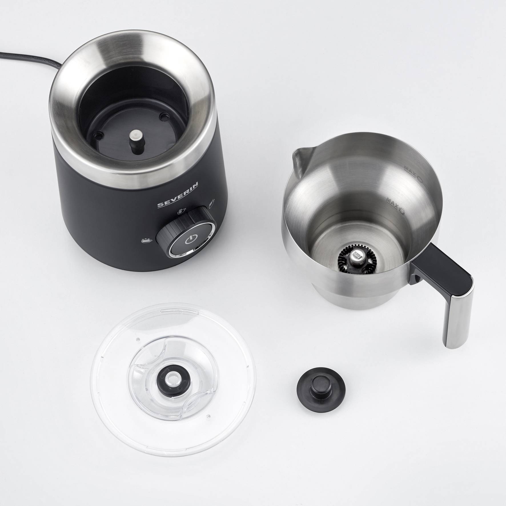 Kaffeemaschinen-Zubehör: Behälter aus Edelstahl mit Griff, motorisiertes Basisteil und transparenter Deckel, von oben betrachtet.