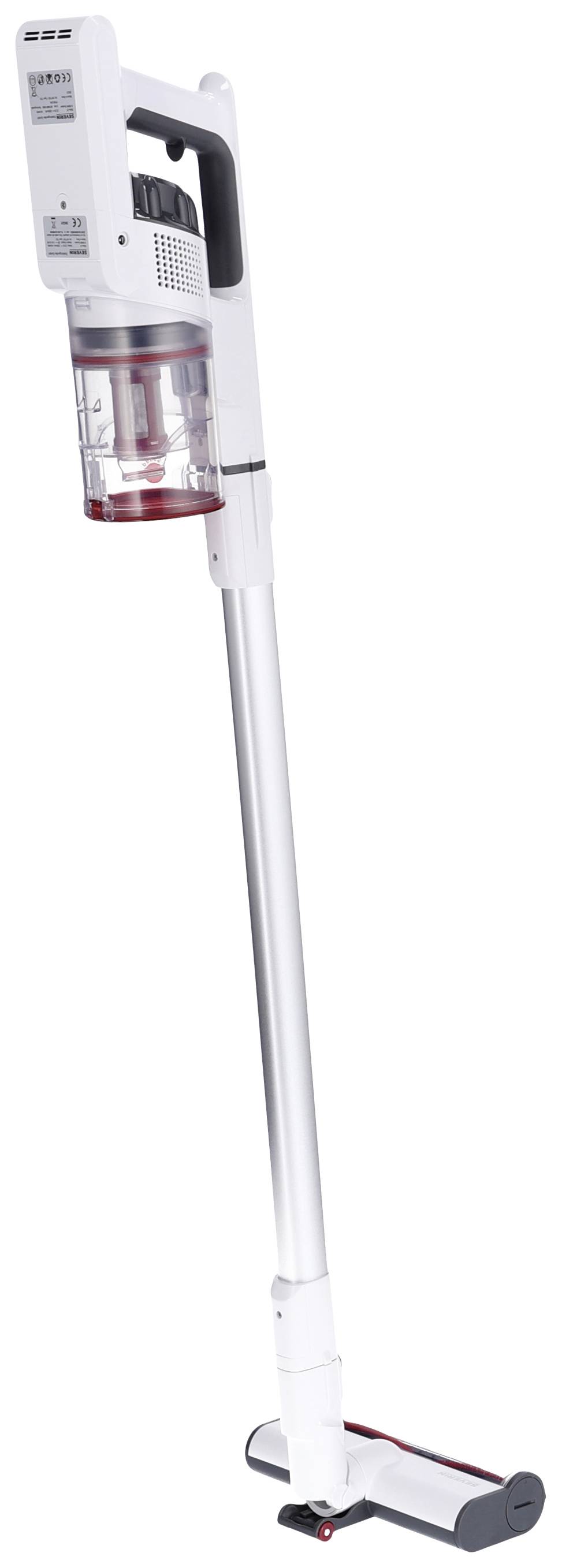 Drahtloser, weißer Stabstaubsauger mit transparentem Staubbehälter, schlankem Design und abnehmbarem Bodenaufsatz für vielseitige Reinigung.