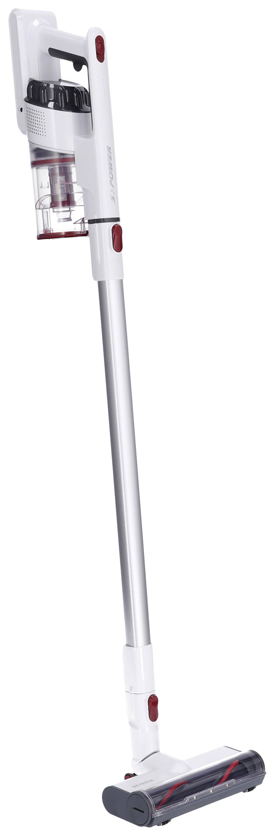 Kabelloser, weiß-roter Stabstaubsauger mit transparentem Staubbehälter und rotierenden Bürsten, optimal für die Bodenreinigung.