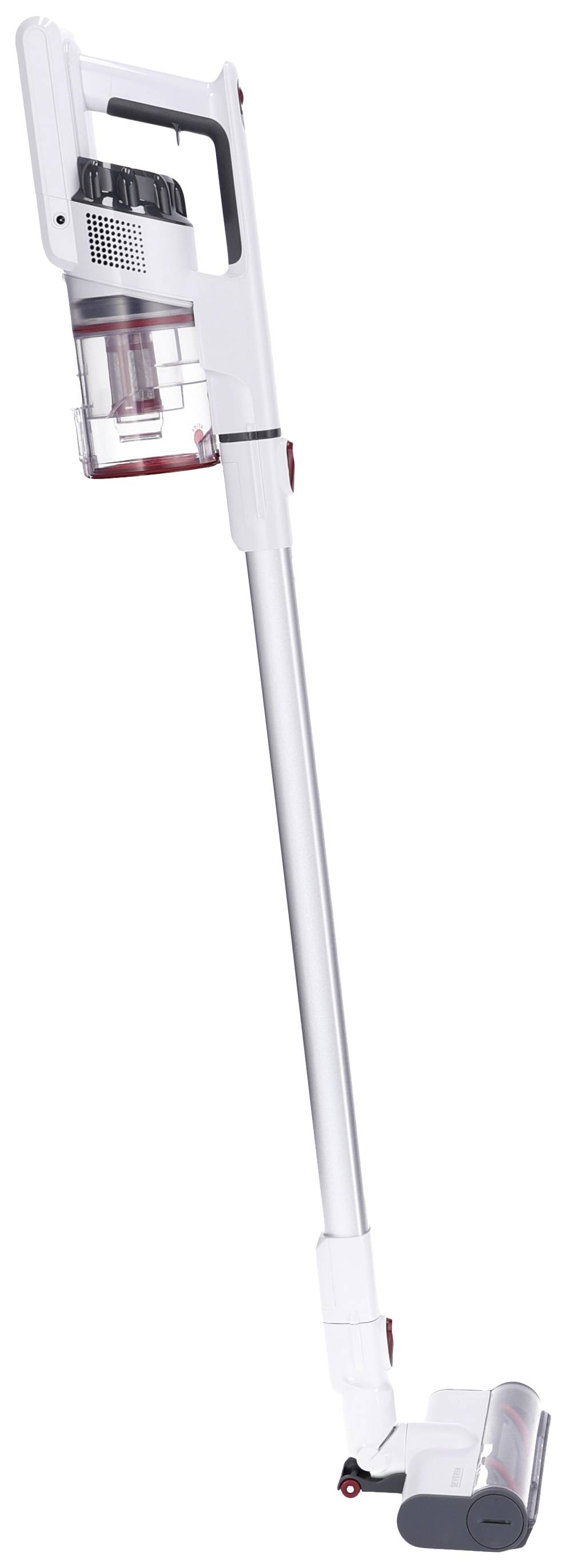 Kabelloser Stabstaubsauger mit weißem Gehäuse, transparentem Staubbehälter und rotem Akzent auf den Rollen, aufrecht stehend.