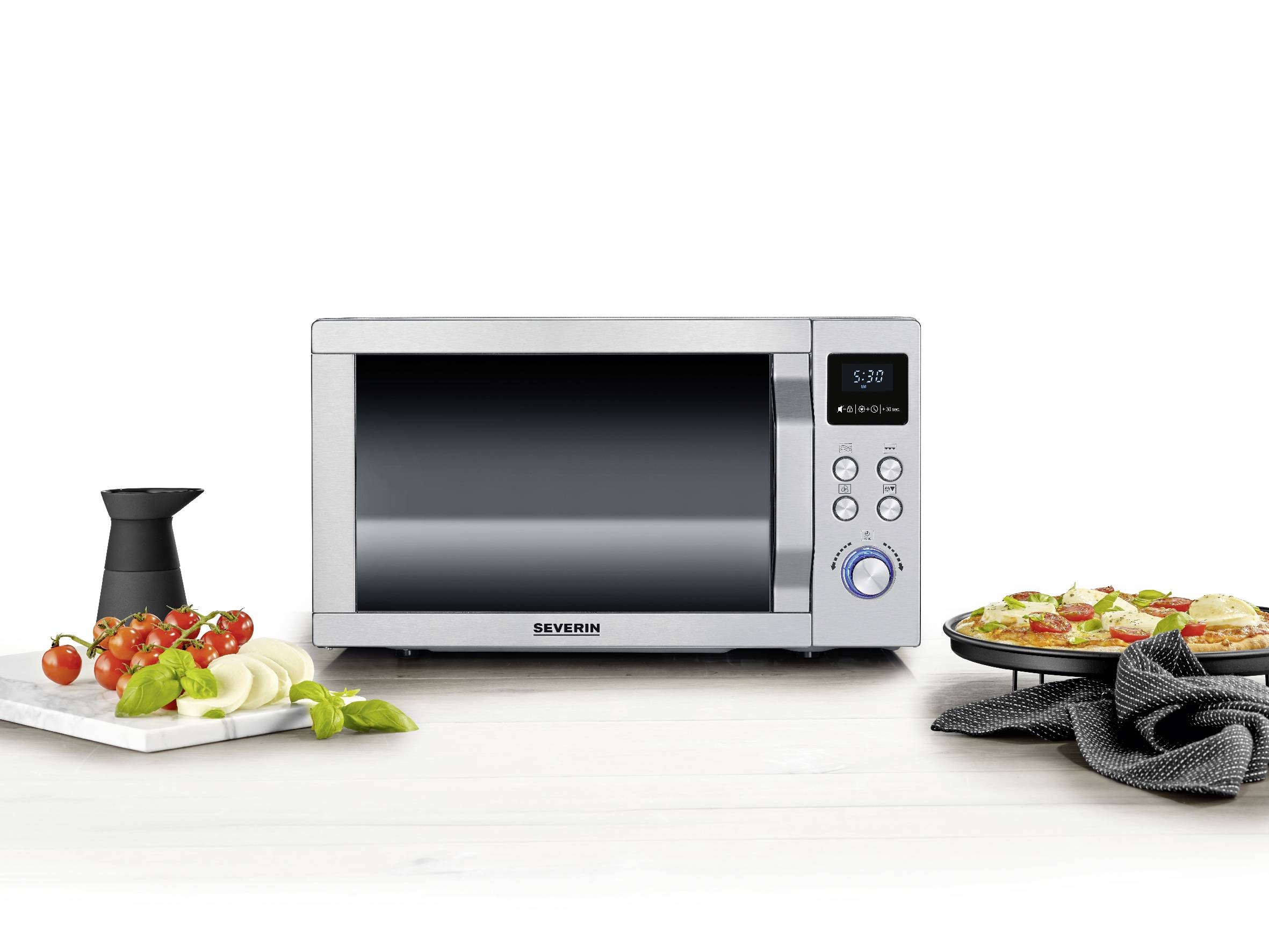 Severin MW 7774 Mikrowelle Edelstahl (gebürstet), Silber 900W Grillfunktion, mit Pizzafunktion, Heißluft-Funktion