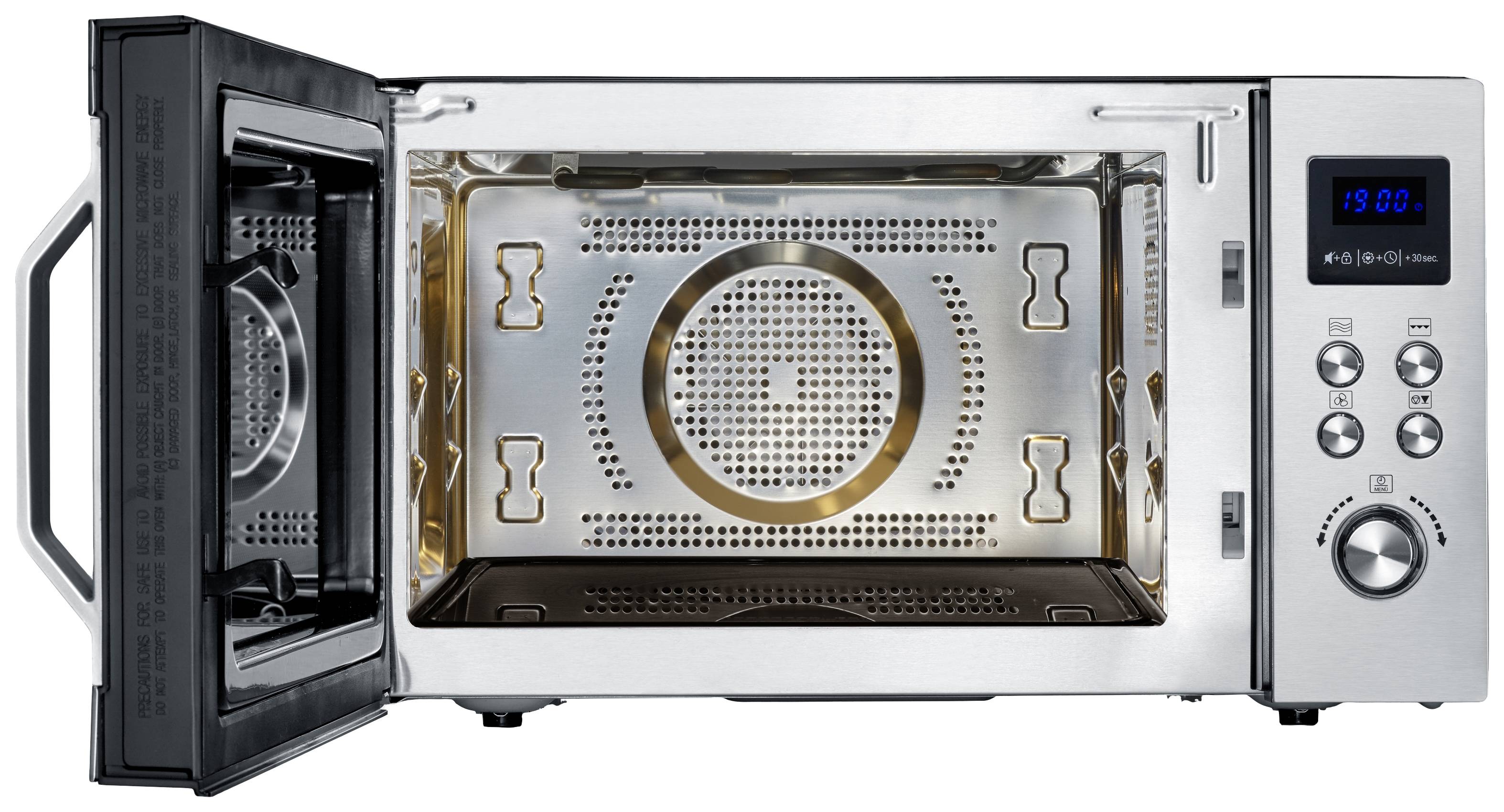 Silberne Mikrowelle mit geöffneter Tür. Sichtbar sind der Innenraum mit Drehteller und das Bedienfeld mit digitalen Bedienelementen.