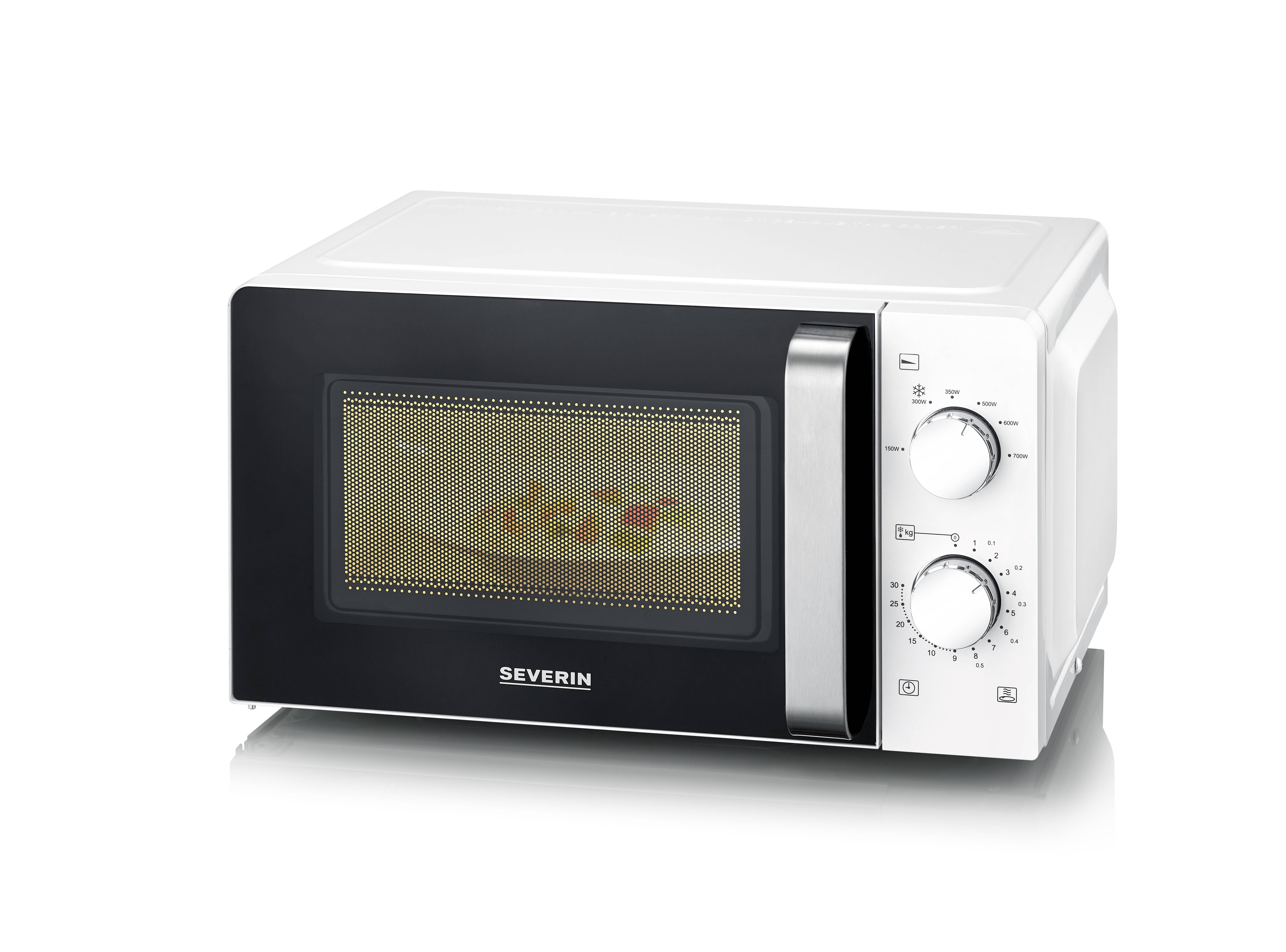 Eine weiße Mikrowelle mit schwarzer Tür und zwei Drehreglern an der Seite. Darin ist ein Teller mit buntem Essen sichtbar.