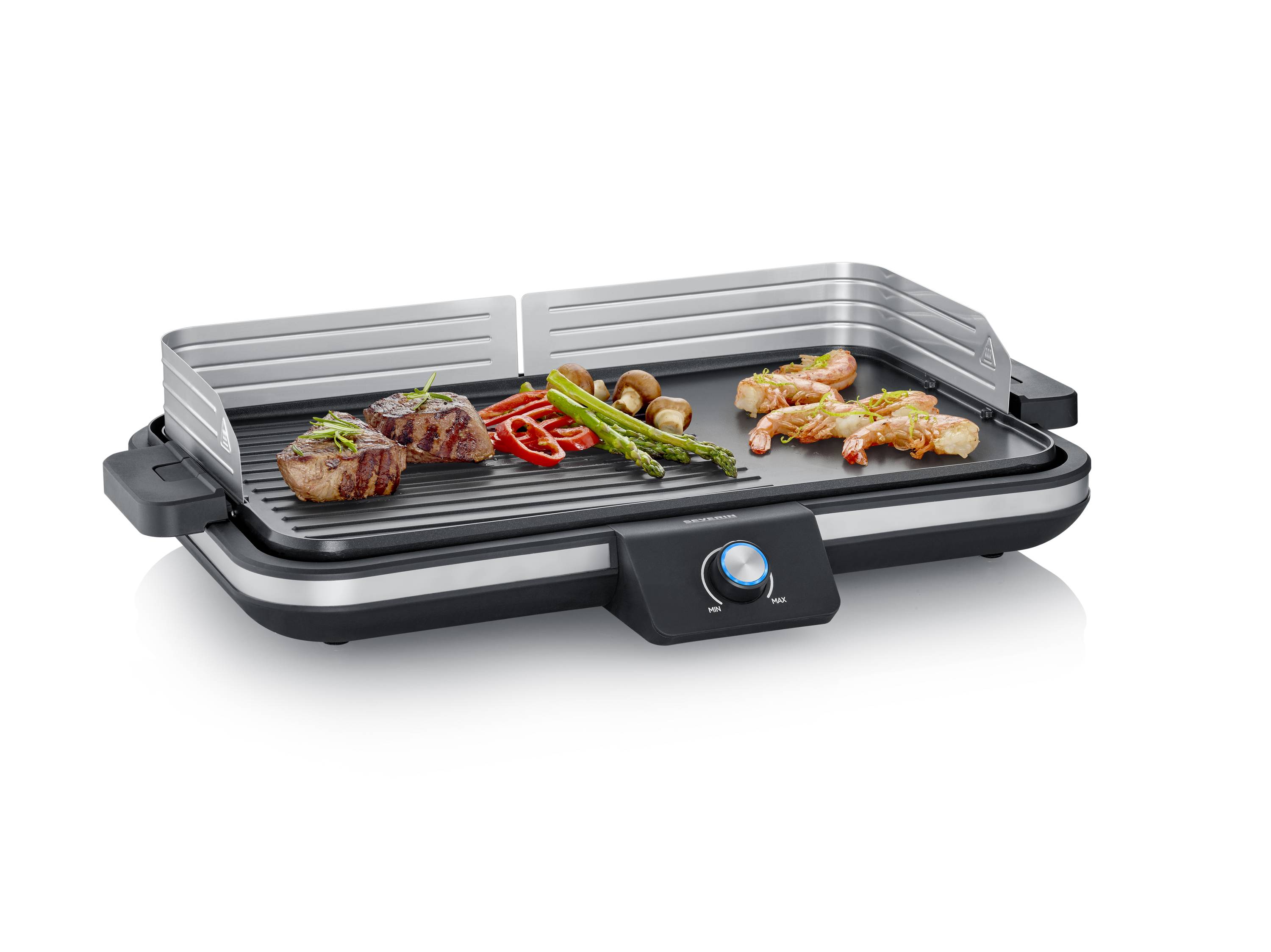 Severin Elektro, Grillplatte Tischgrill kabelgebunden, stufenloser Temperaturregler Schwarz, Edelstahl (gebürstet)