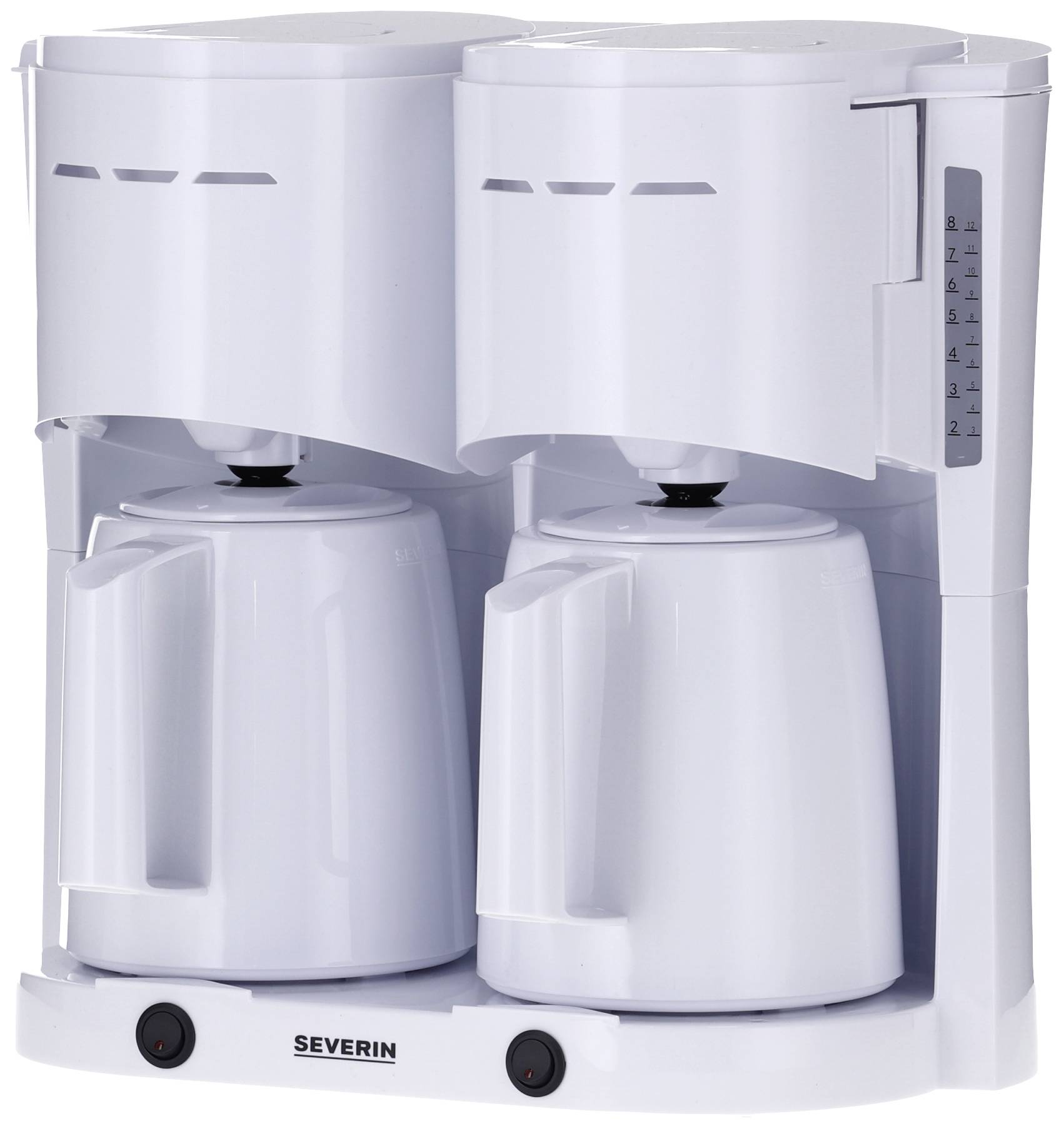 Weiße Doppelkaffeemaschine mit zwei Kannen und Wassertank-Anzeige auf der rechten Seite. Markenname 'Severin' auf der Vorderseite.