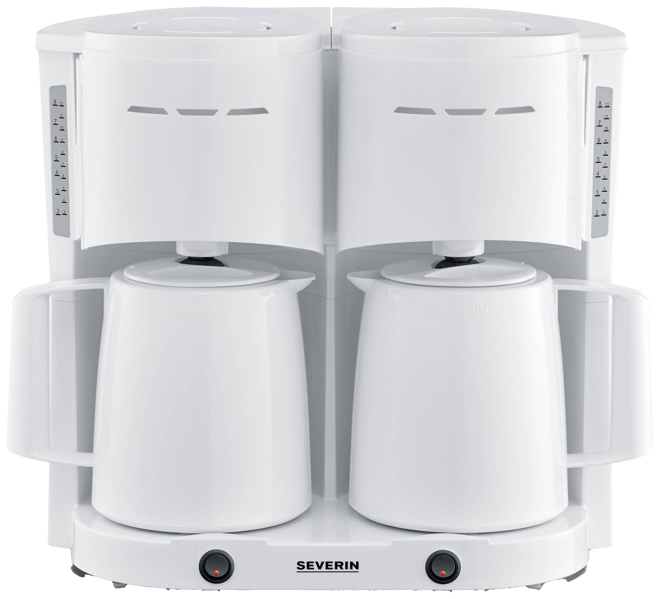 Weiße Doppelkannenkaffeemaschine mit zwei isolierten Kannen und Bedienelementen an der Vorderseite; für die Zubereitung von Kaffee.