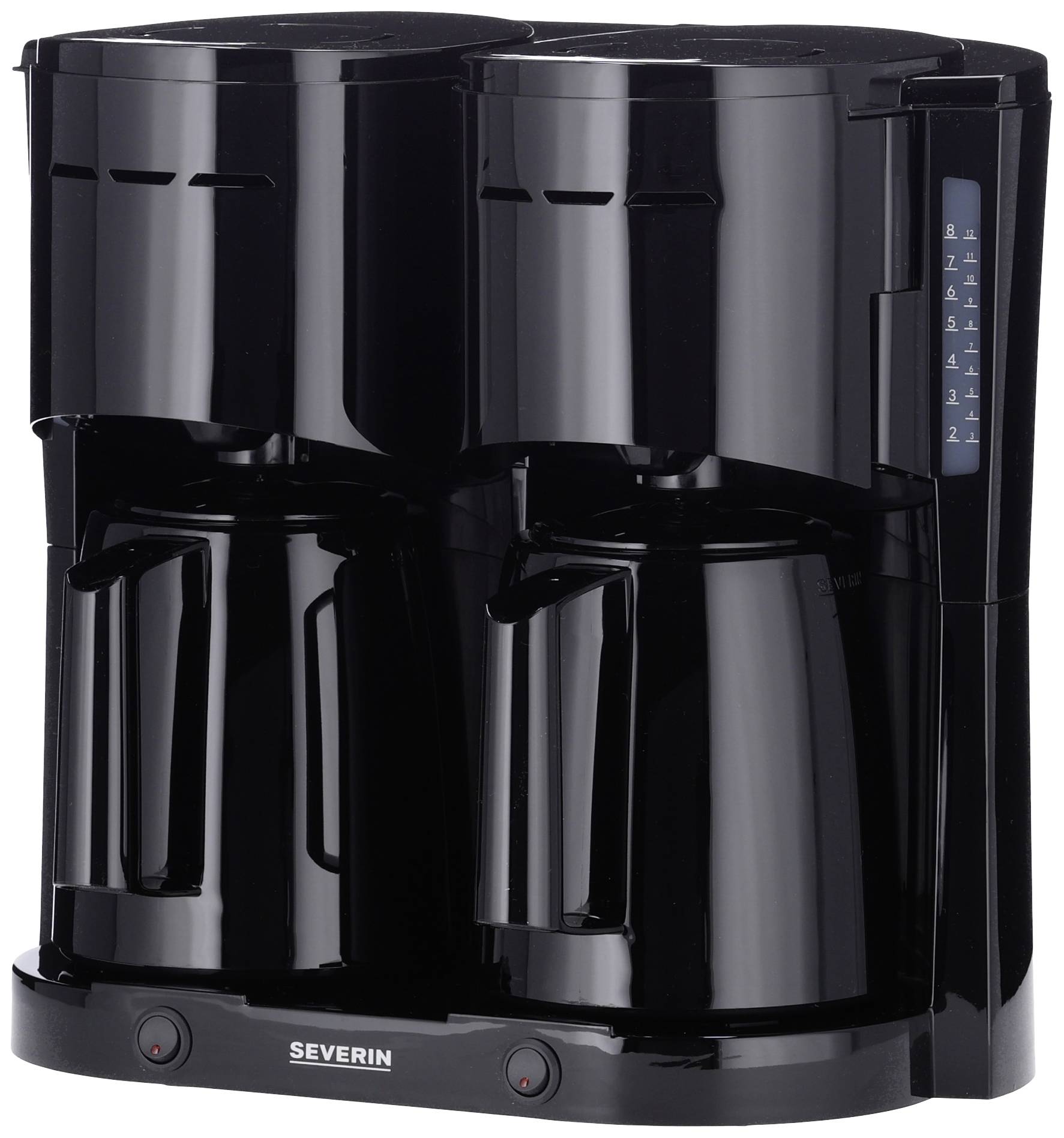 'Sogenannte' schwarze Filterkaffeemaschine mit zwei Kannen, jeweils unter separaten Brühkammern.