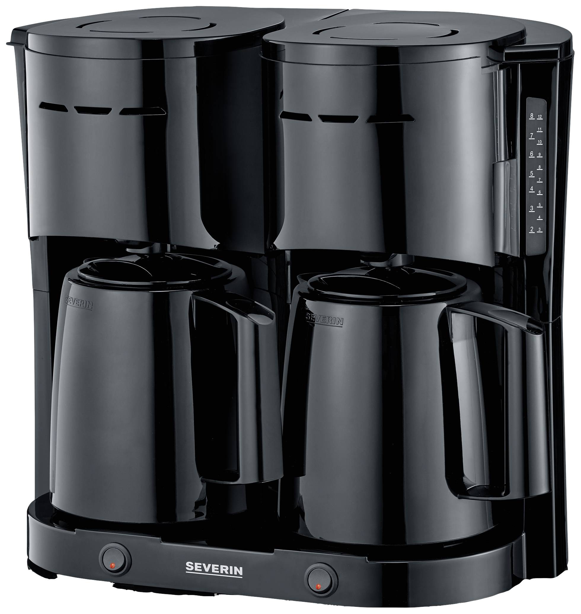 Schwarze Kaffeemaschine mit zwei Isolierkannen, geeignet zum gleichzeitigen Zubereiten von zwei Kaffeesorten.