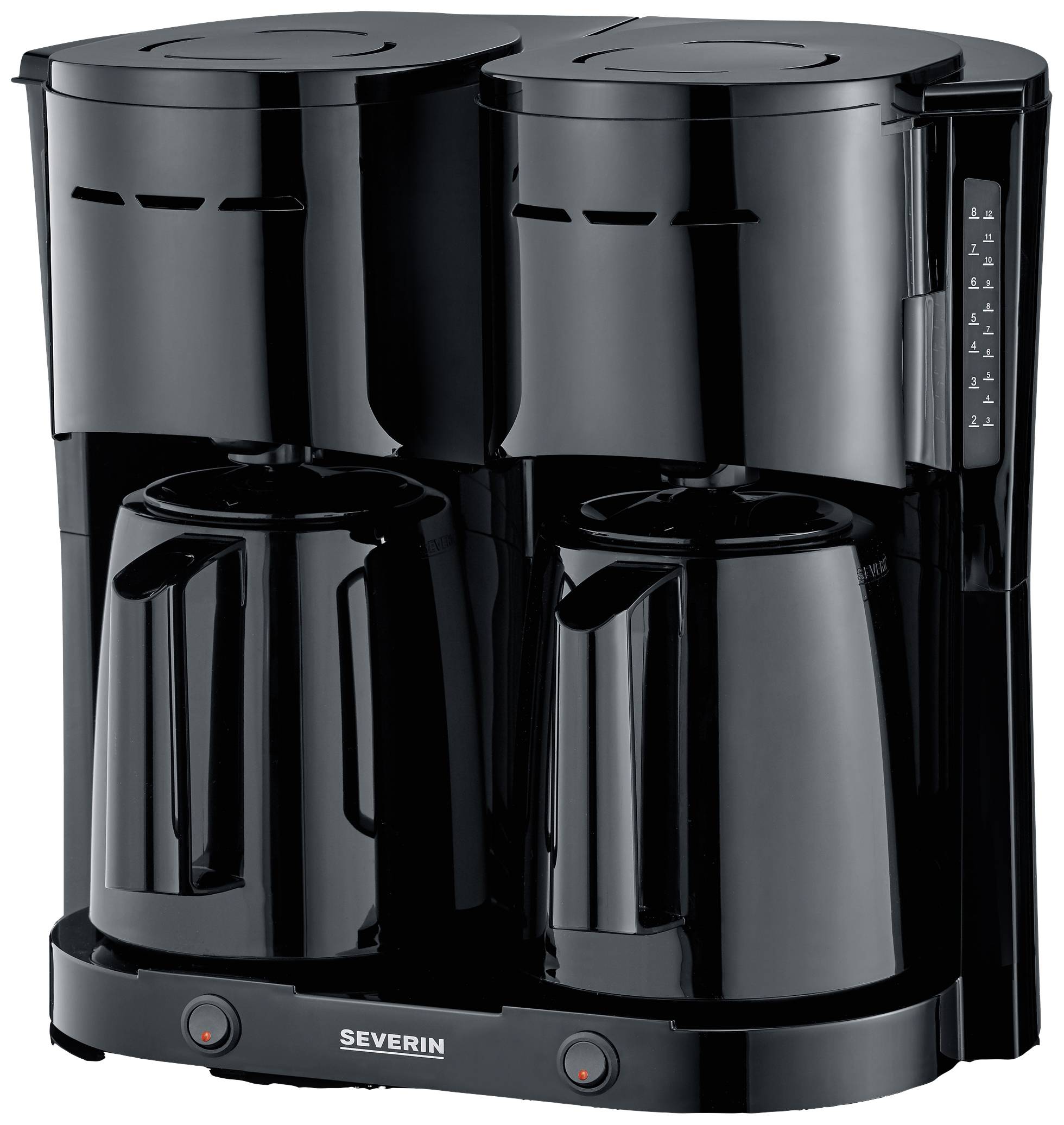 Eine doppelte Kaffeemaschine in Schwarz mit zwei Kannen und einem Markenlogo, geeignet für die gleichzeitige Zubereitung von zwei Kannen Kaffee.