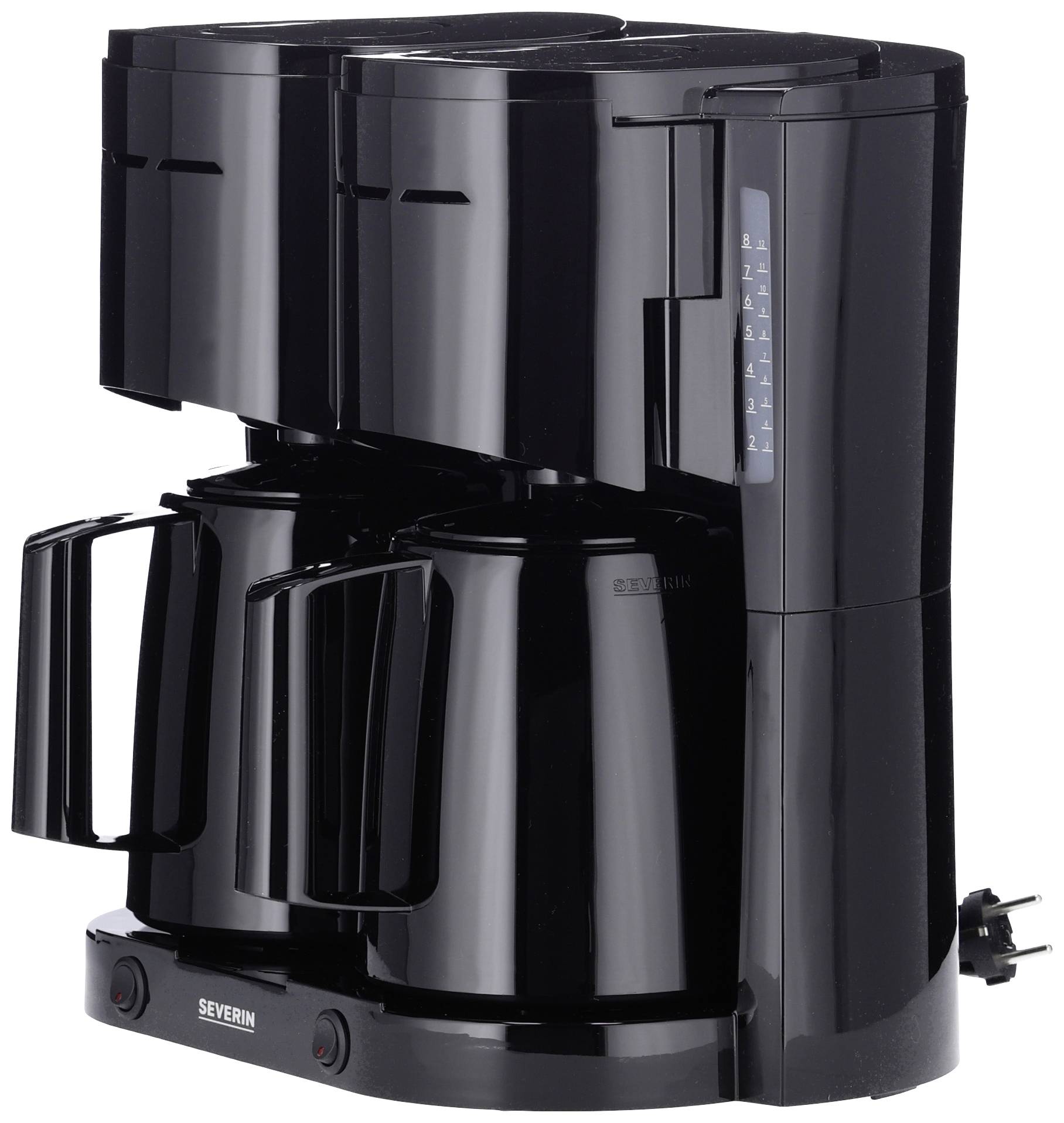 Eine schwarze Kaffeemaschine mit zwei Kaffeekannen und Wasserstandsanzeige an der Seite. Ideal für größere Mengen Kaffee.