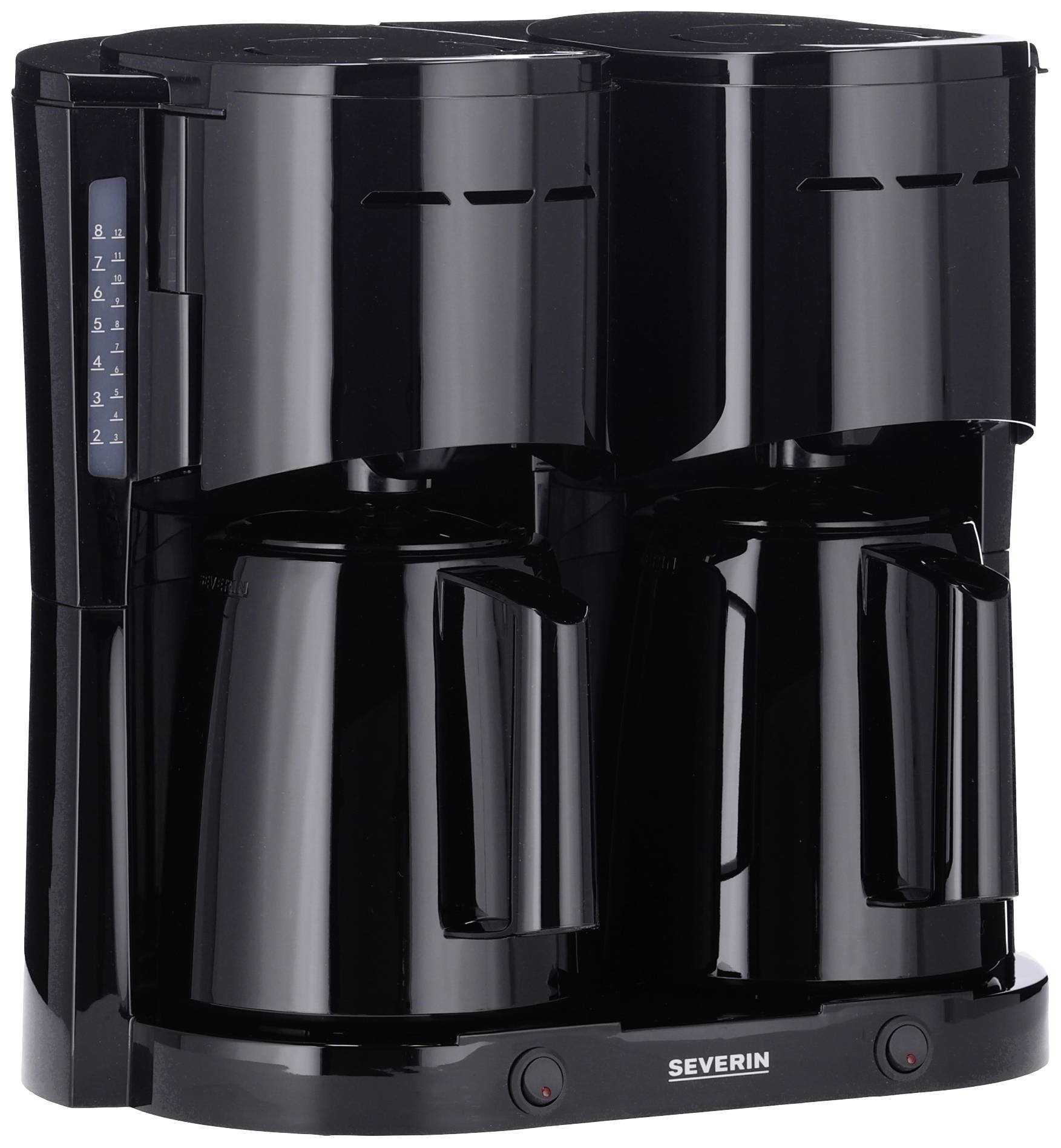 Eine schwarze Severin Kaffeemaschine mit zwei Kannen. Links befindet sich eine Wasserstandsanzeige.