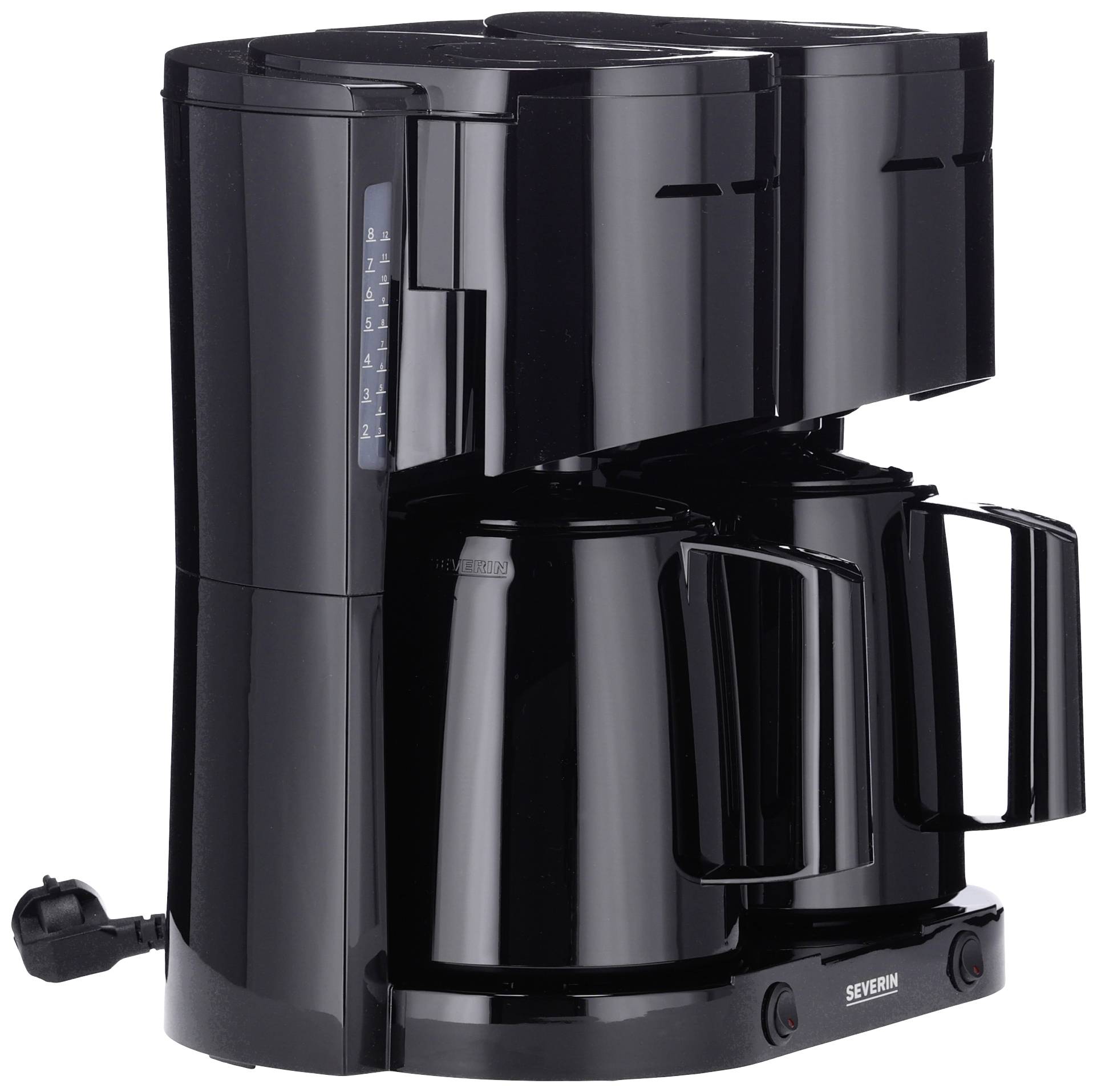 Kaffeemaschine mit zwei Kannen, Design in Schwarz. Ideal für die Zubereitung von mehreren Tassen Kaffee gleichzeitig.