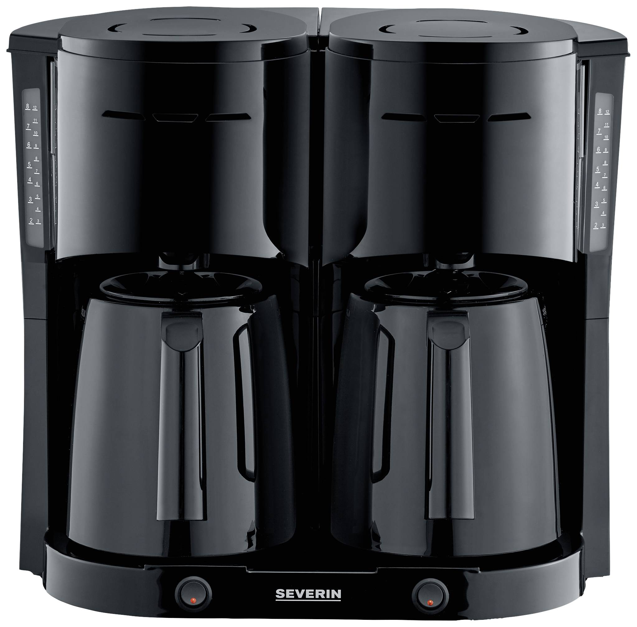 Doppelte schwarze Filterkaffeemaschine von Severin mit zwei Glaskannen, geeignet für große Haushalte oder Büros.