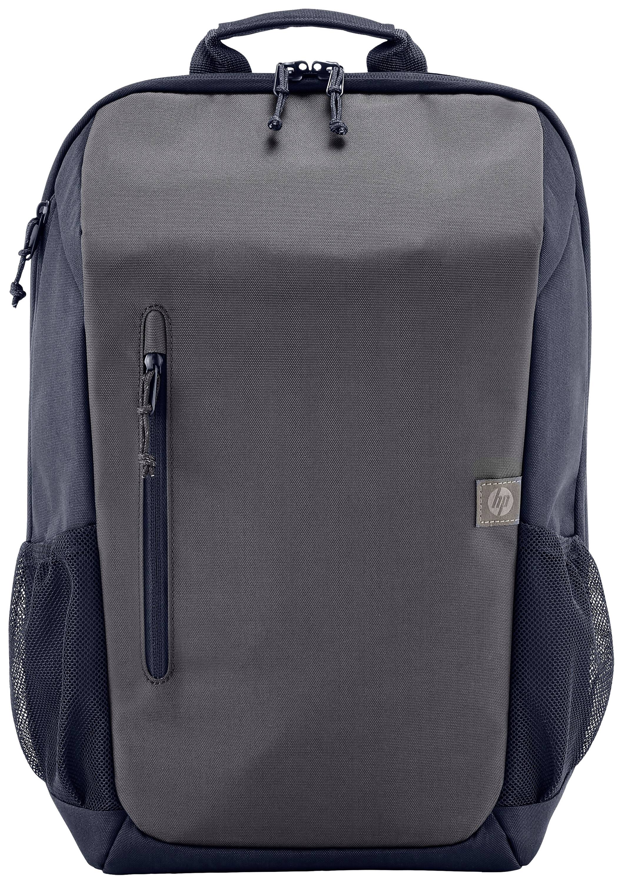 Ein moderner, dunkelgrauer Rucksack mit einem Reißverschlussfach vorne, Seitentaschen aus Netzstoff und einem oberen Tragegriff.