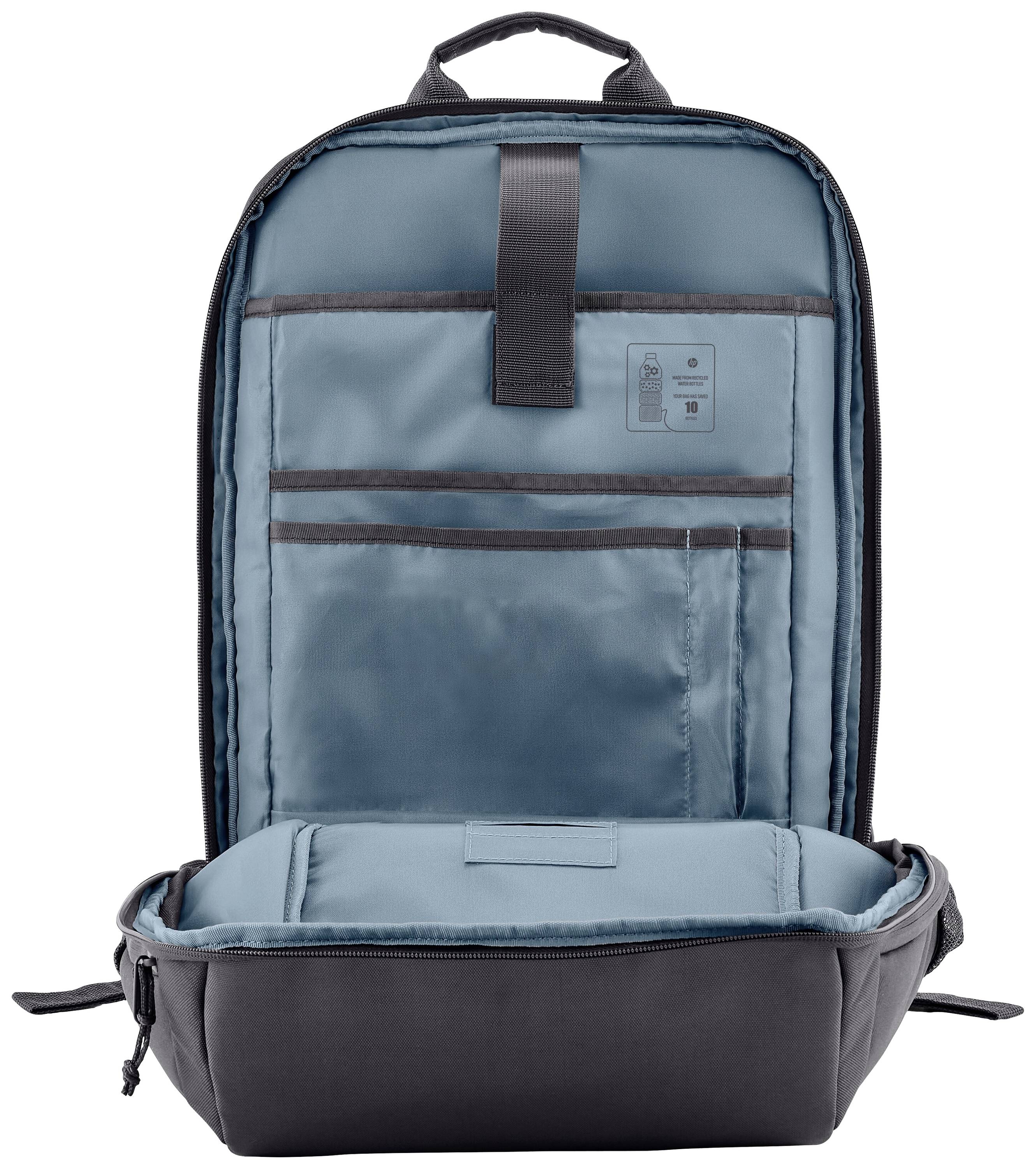 Ein geöffneter Rucksack mit mehreren Fächern und Taschen, in einem blau-grauen Farbschema. Geeignet für Laptop- und Zubehöraufbewahrung.