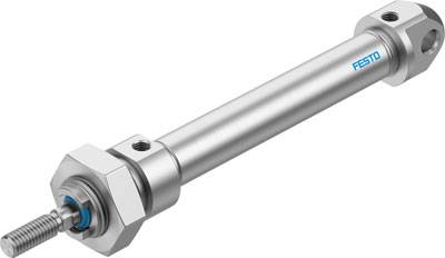 Ein zylindrischer pneumatischer Antrieb von Festo mit Metallgehäuse und markantem, blauem Logo, geeignet für industrielle Anwendungen.