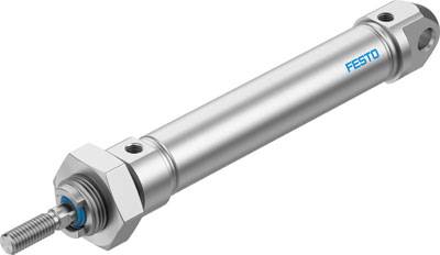Pneumatischer Zylinder von Festo in silberner Farbe mit Gewindestange und zwei Befestigungspunkten an den Enden.