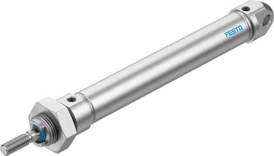 Ein silberner Pneumatikzylinder von Festo mit Gewinde an einem Ende, ausgelegt für industrielle Anwendungen.