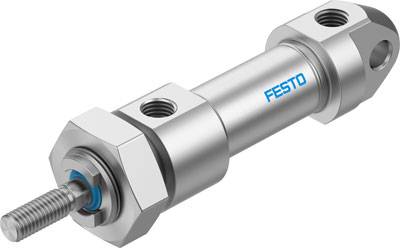 Pneumatischer Zylinder von Festo aus Metall mit blauem Logo, Muttern an beiden Enden und Gewindebolzen vorne.