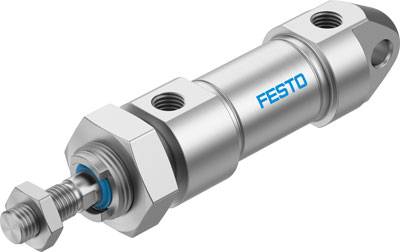 Pneumatikzylinder aus Metall mit Befestigungsschrauben, 'Festo' Logo. Zur Steuerung von Bewegung in Maschinen verwendet.