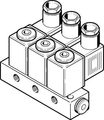 Strichzeichnung eines dreifachen pneumatischen Ventilblocks mit detaillierter Darstellung der Anschlüsse und Ventilkörper.
