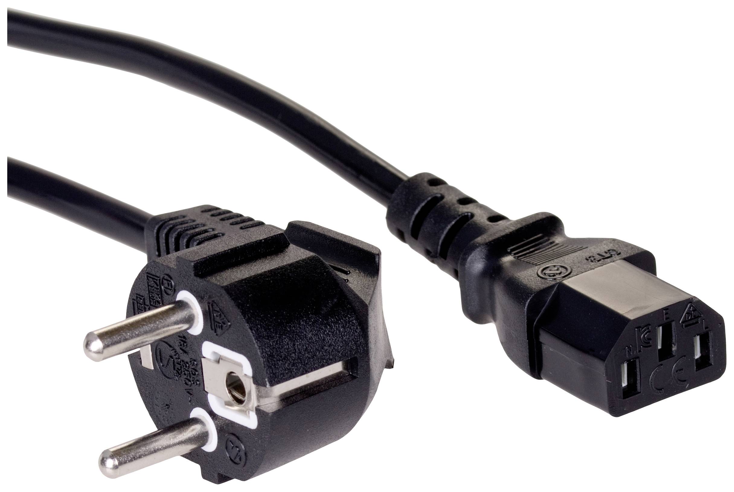 Computer-Stromkabel mit europäischem Stecker auf der linken Seite und C13-Anschluss auf der rechten Seite vor weißem Hintergrund.