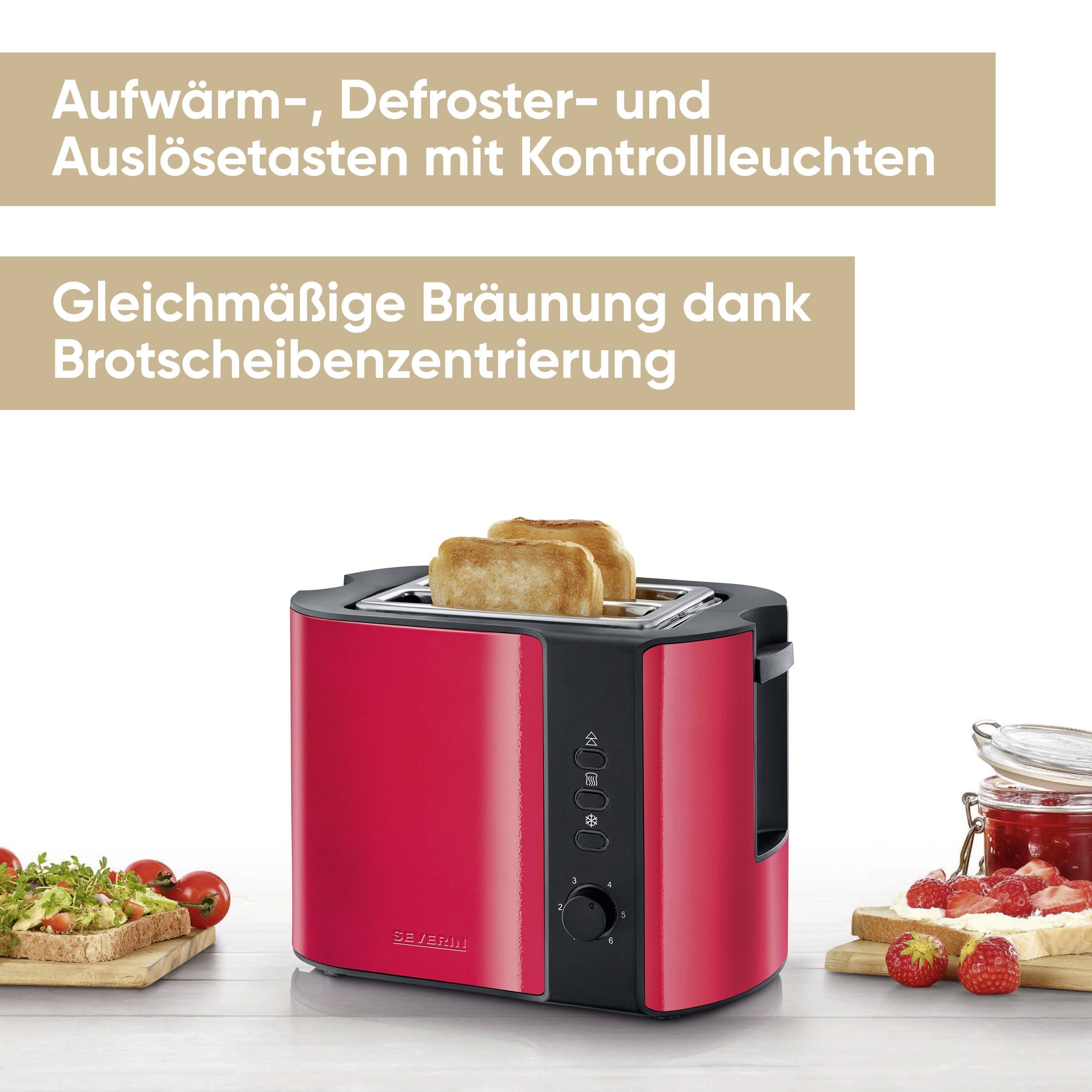 Roter Toaster auf einer Küchenoberfläche mit einer Brotscheibe im Schlitz. Text beschreibt Funktionen wie Aufwärmen und gleichmäßiges Bräunen.