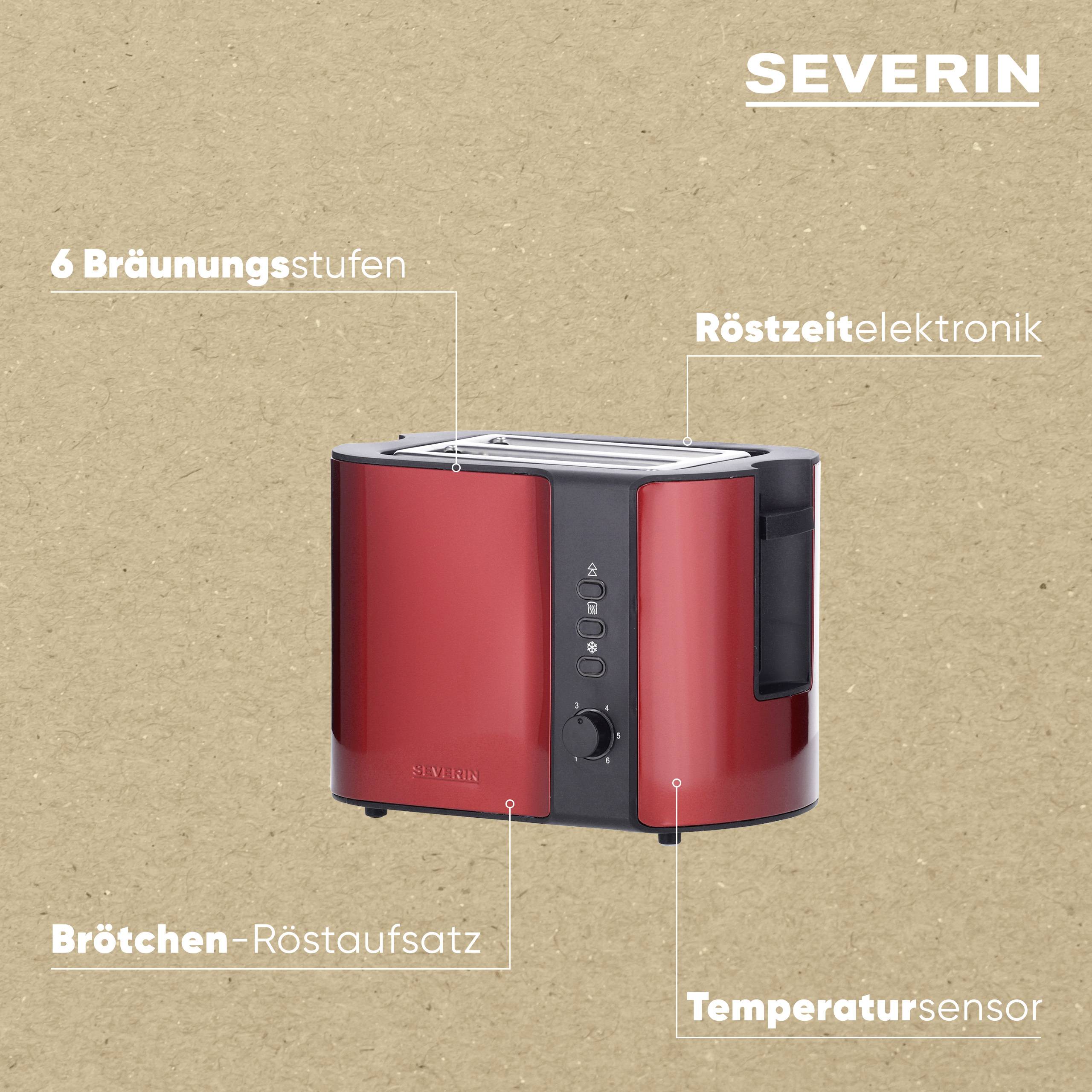 Ein roter Severin Toaster mit '6 Bräunungsstufen', 'Röstzeitelektronik', 'Brötchen-Röstaufsatz' und 'Temperatursensor' auf braunem Hintergrund.