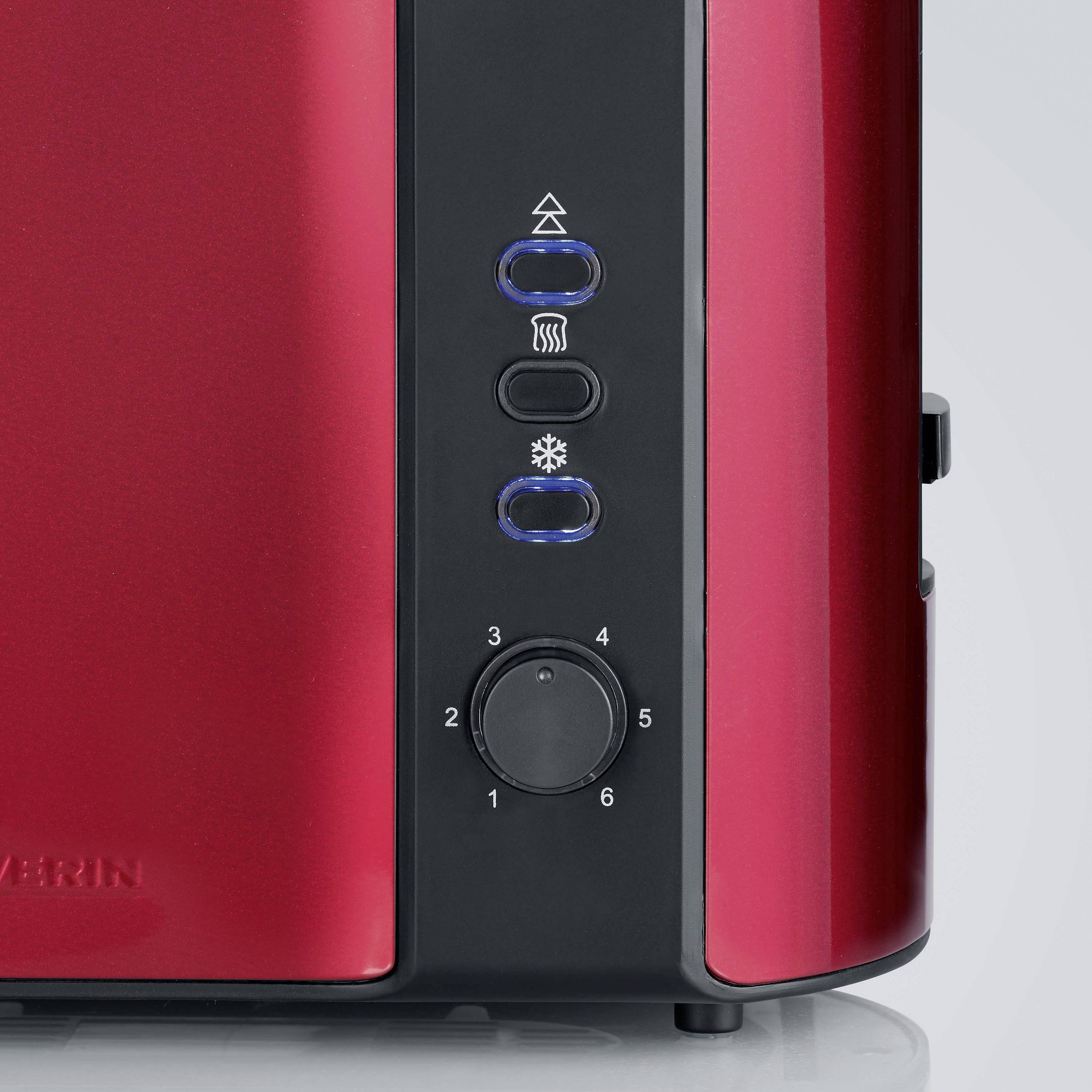 Roter Toaster mit Einstellknöpfen für Aufwärmen, Auftauen und Bräunungsgrad von 1 bis 6. Hauptansicht zeigt linke Seite des Geräts.