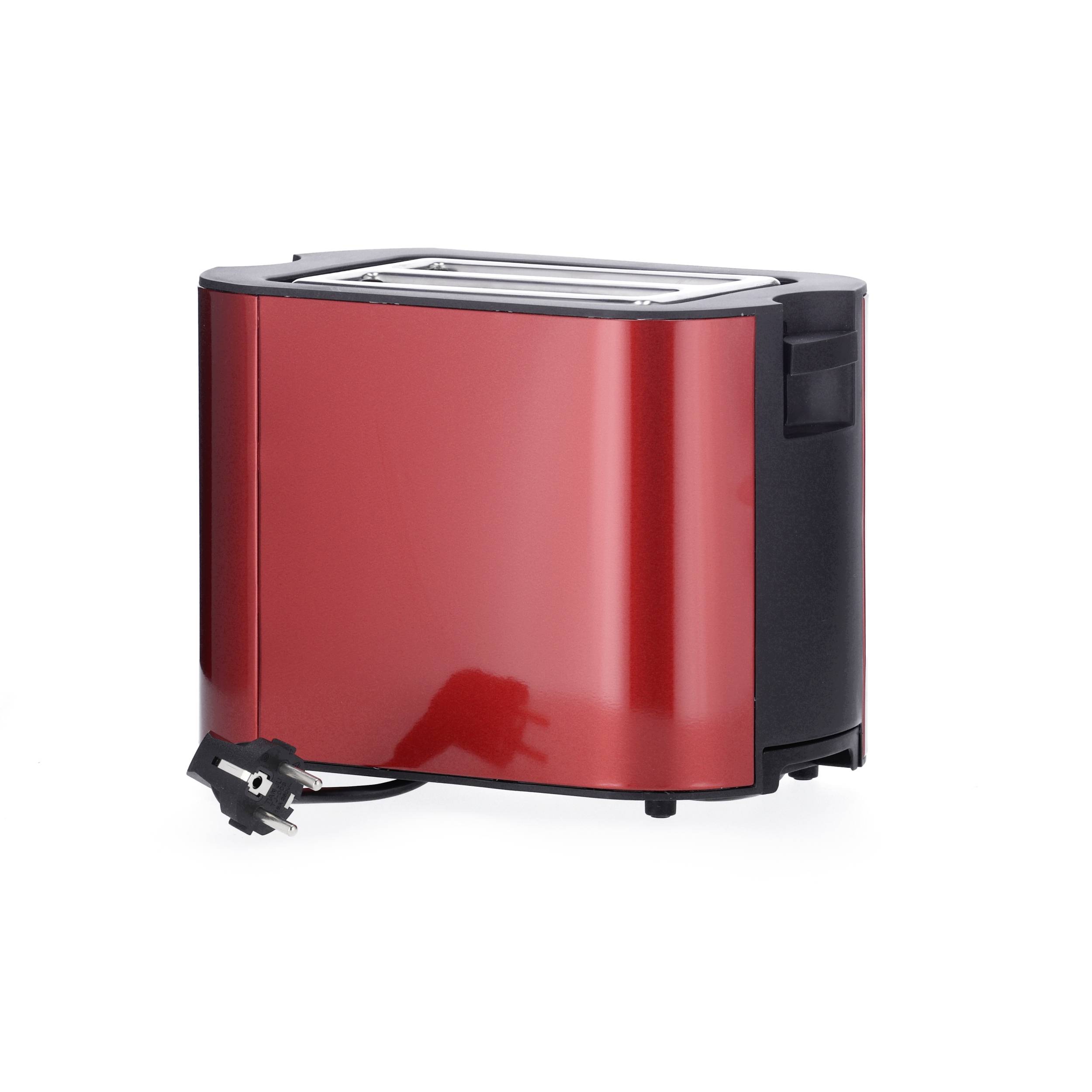 Roter Toaster auf weißem Hintergrund, mit zwei Schlitzen für Toastscheiben und schwarzem Netzkabel an der Seite.
