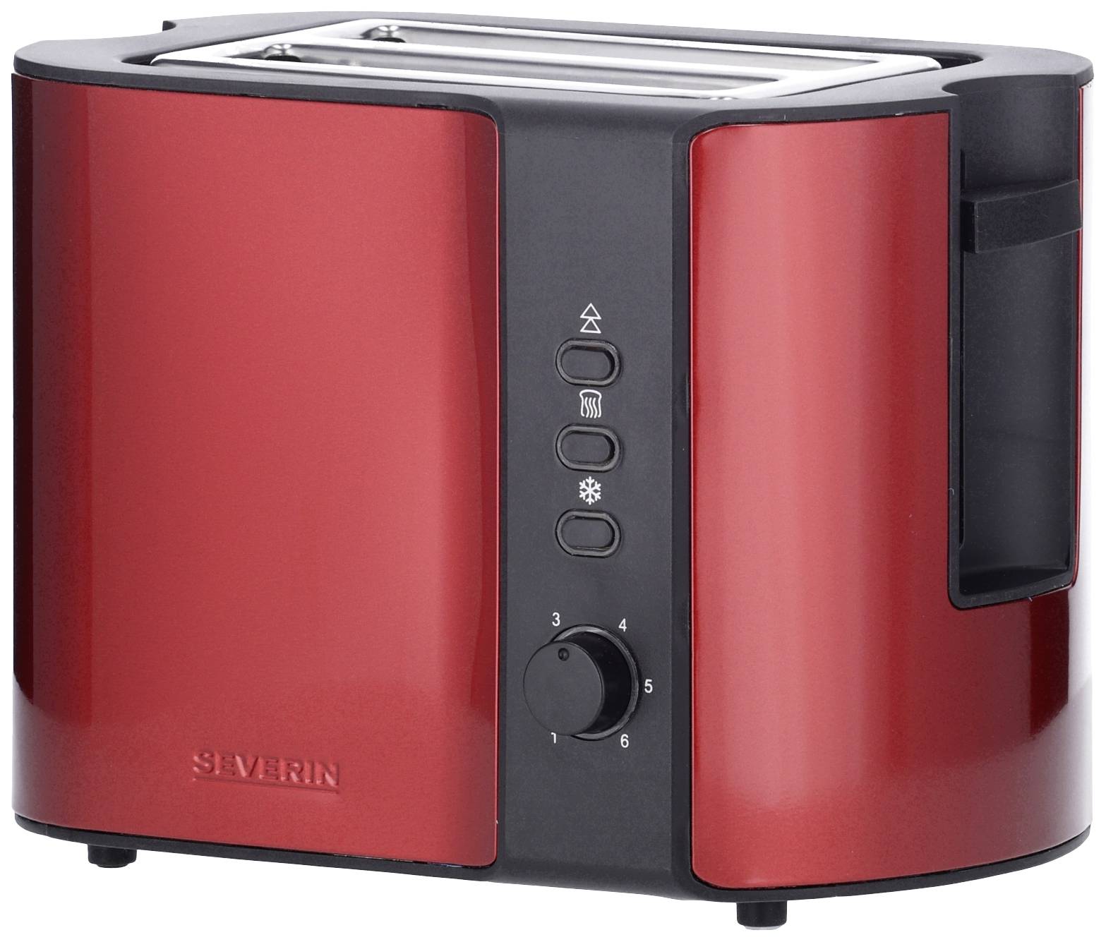 Roter Toaster mit schwarzer Bedienblende und integrierten Einstellknöpfen für Toastgrad und Zusatzfunktionen.