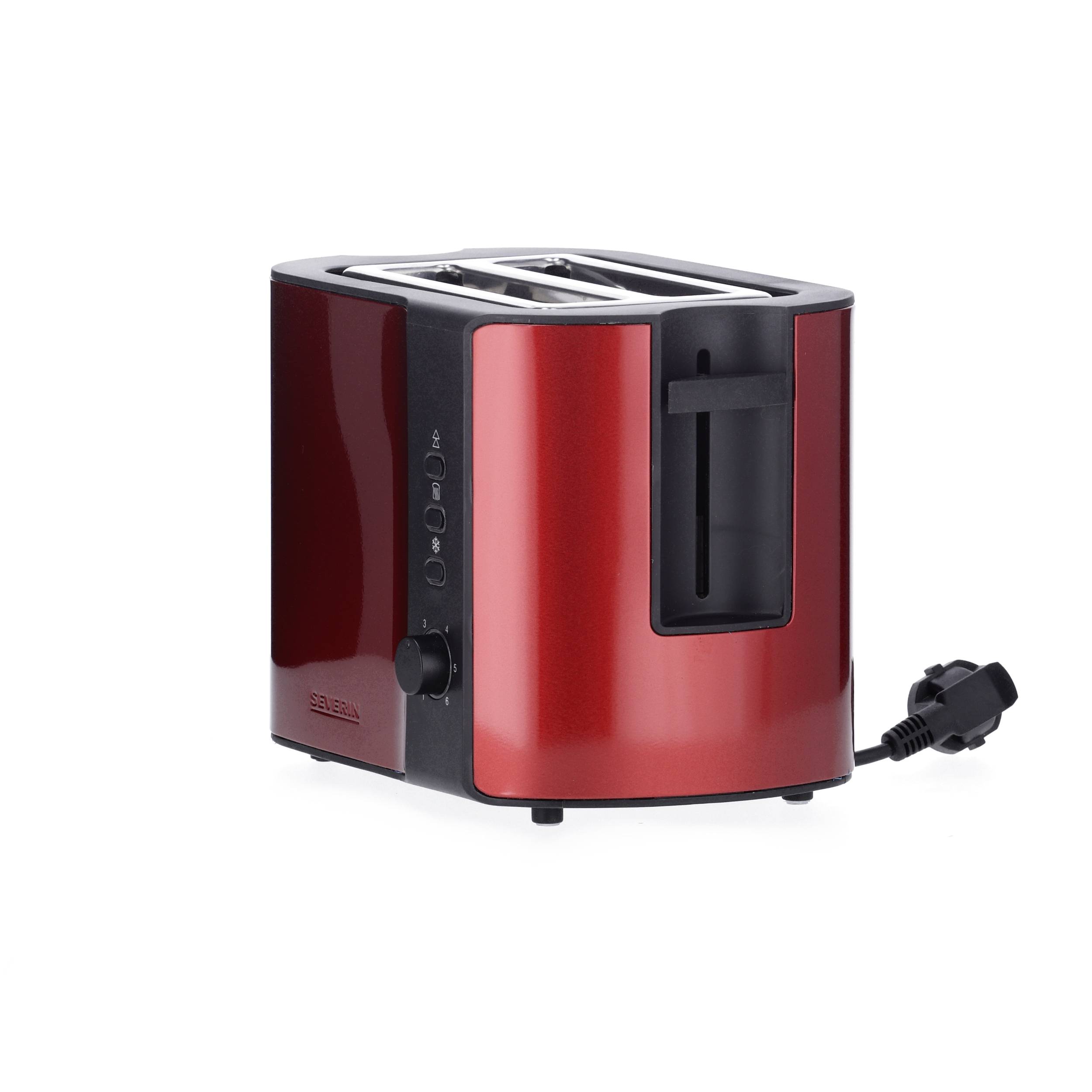 Roter Toaster mit zwei Schlitzen und Bedienknöpfen an der Seite. Stromkabel sichtbar.