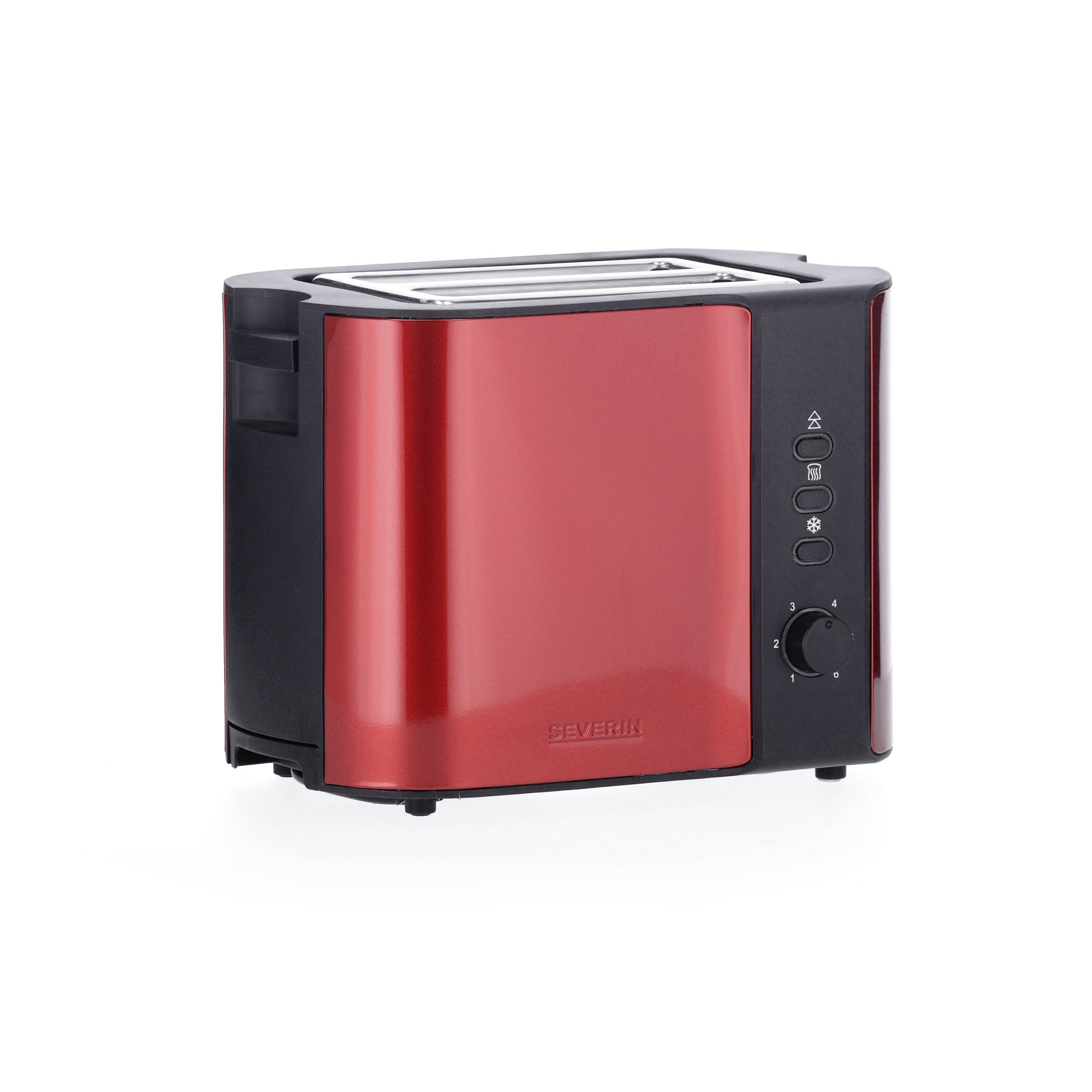 Ein roter Toaster mit zwei Schlitzen und Bedienelementen an der Seite. Geeignet zum gleichzeitigen Toasten von zwei Brotscheiben.