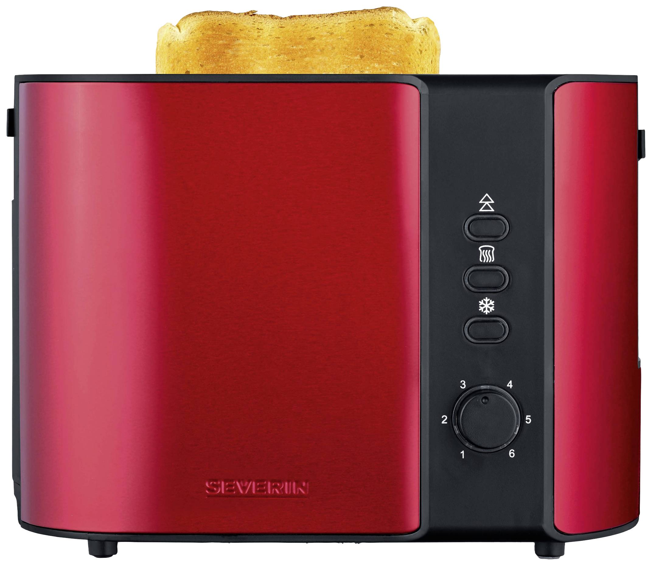 Ein einfacher, roter Toaster mit geröstetem Brot oben. Der Toaster hat mehrere Einstellungsoptionen und ein Zifferblatt für den Bräunungsgrad.