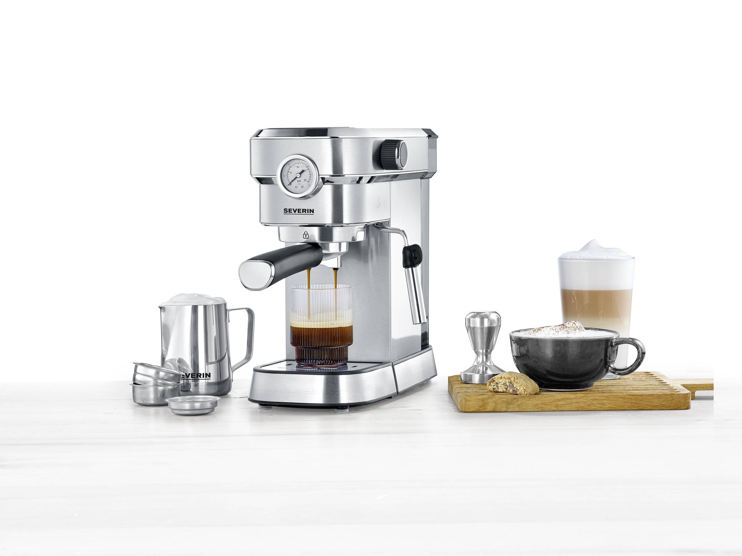 Severin KA 5995 Espressomaschine mit Siebträger Edelstahl (gebürstet), Schwarz 1350 W mit Milchaufschäumdüse