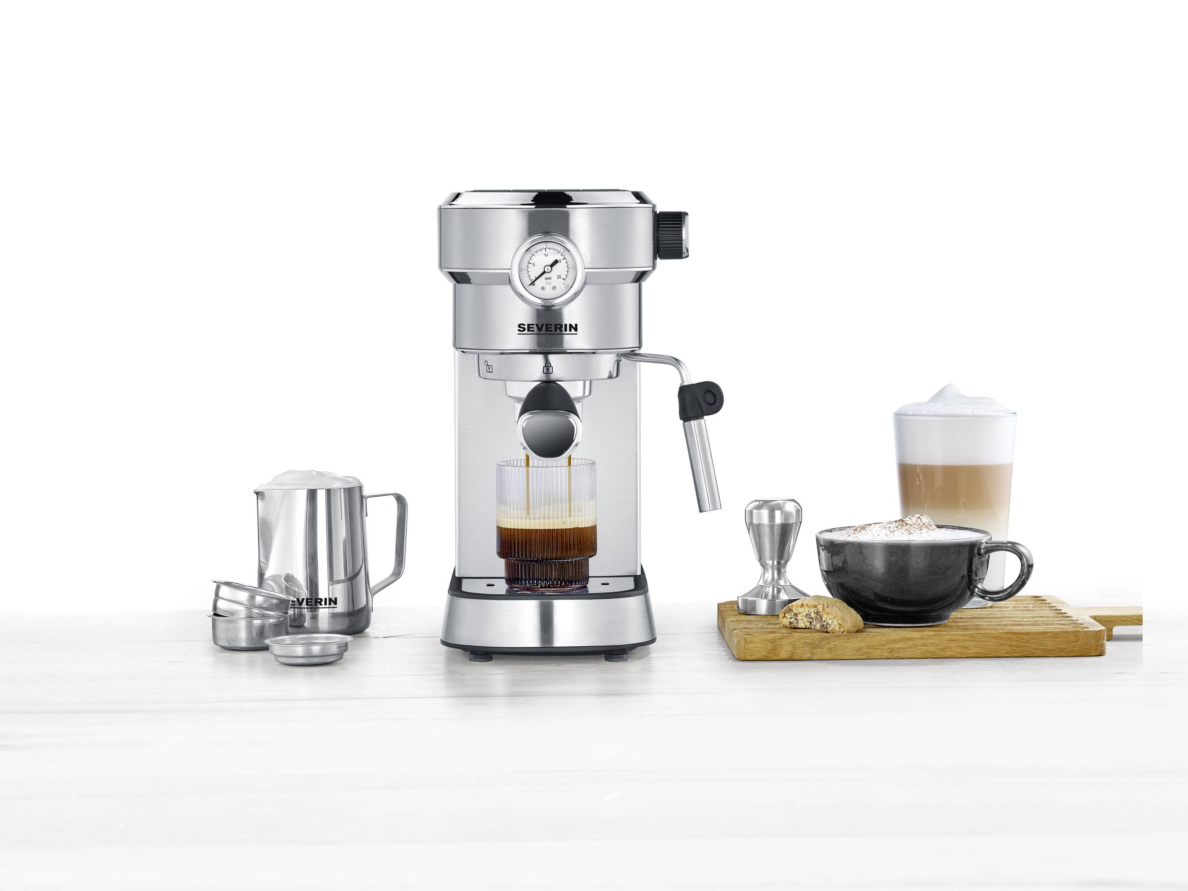 Severin KA 5995 Espressomaschine mit Siebträger Edelstahl (gebürstet), Schwarz 1350 W mit Milchaufschäumdüse