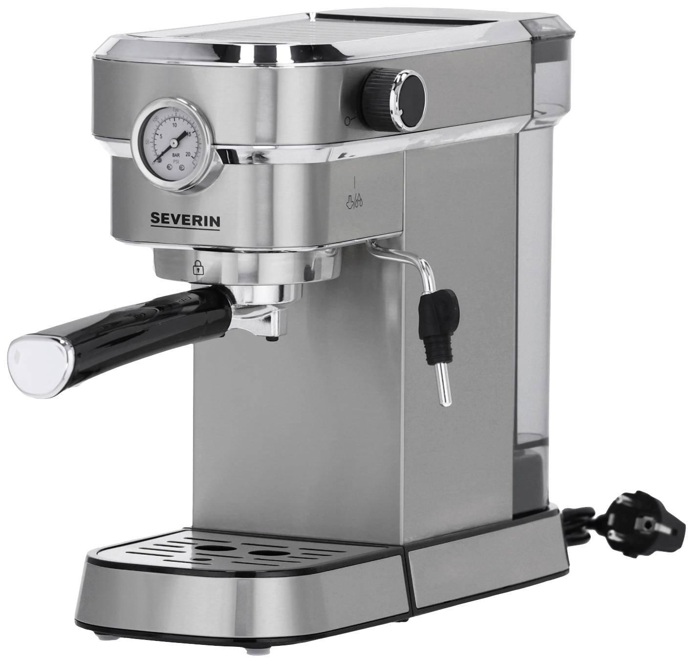 Severin KA 5995 Espressomaschine mit Siebträger Edelstahl (gebürstet), Schwarz 1350 W mit Milchaufschäumdüse