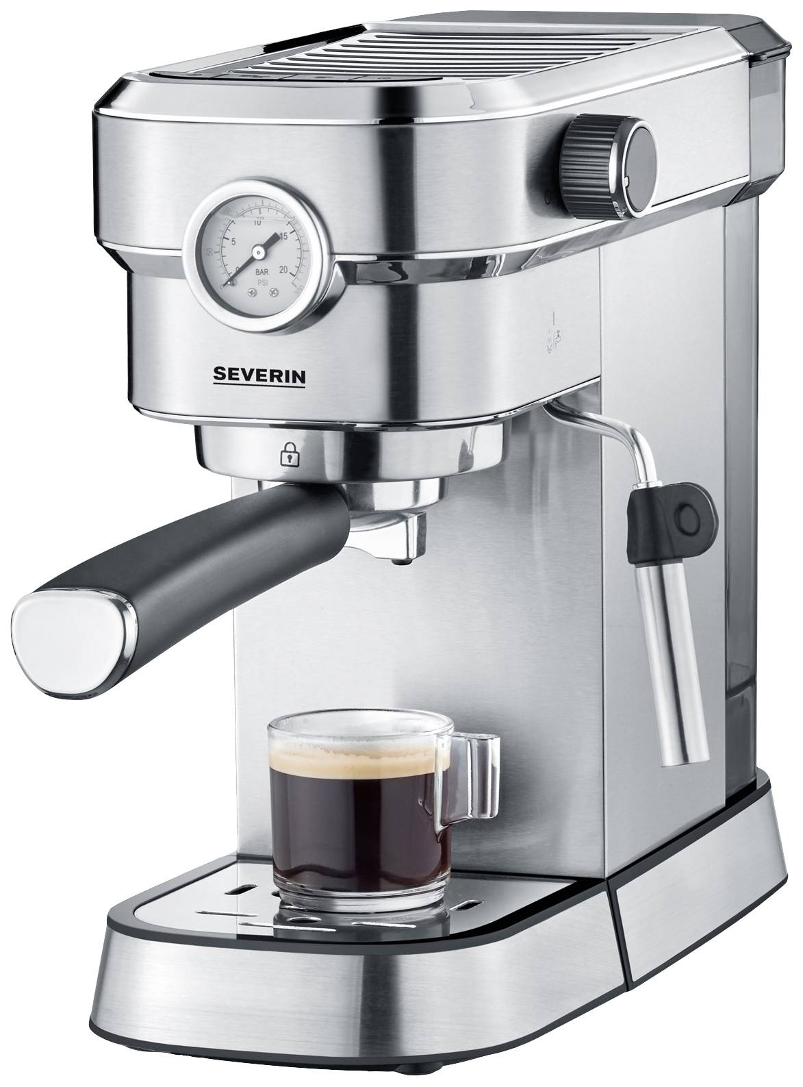 Severin KA 5995 Espressomaschine mit Siebträger Edelstahl (gebürstet), Schwarz 1350 W mit Milchaufschäumdüse