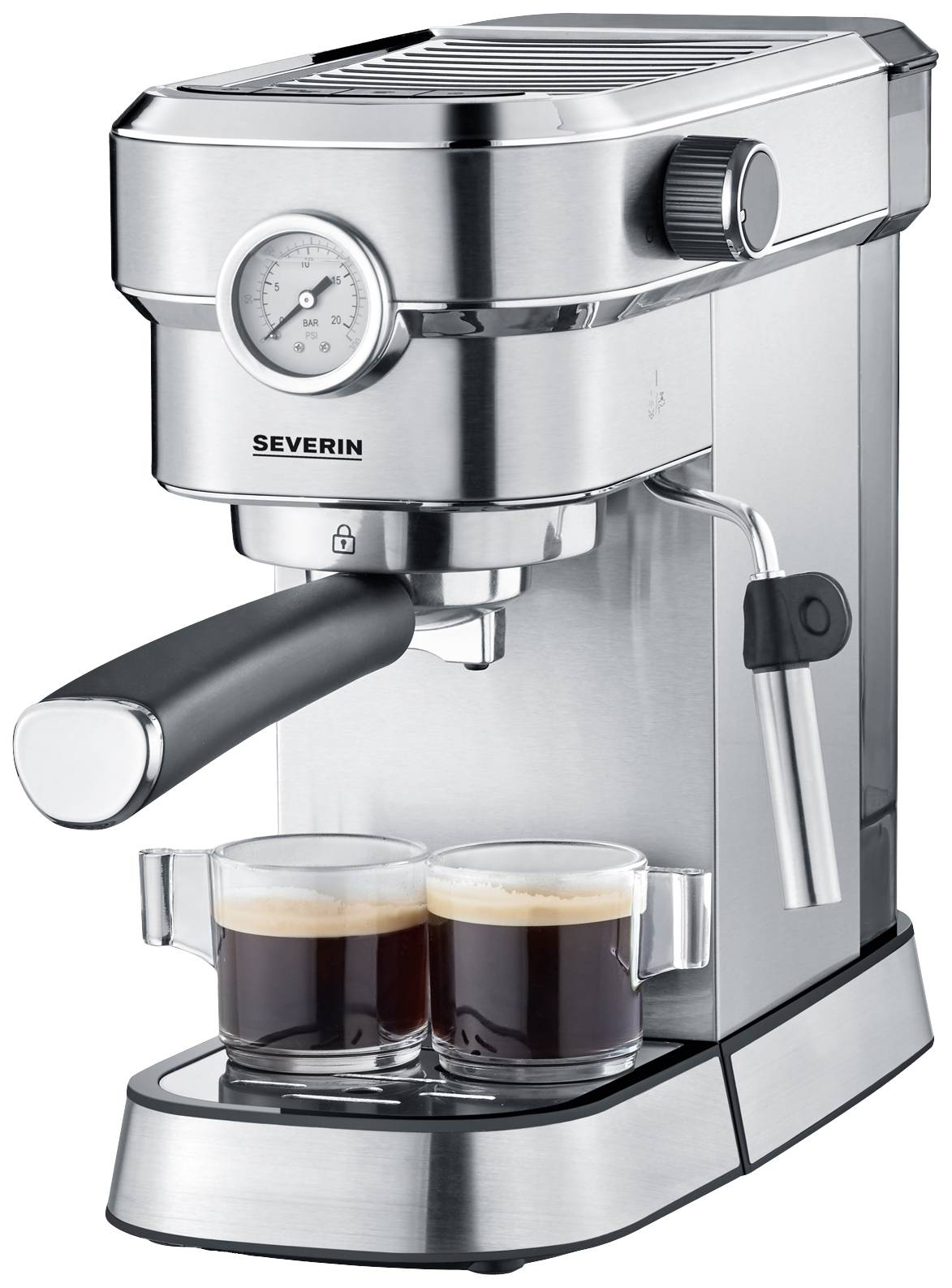 Severin KA 5995 Espressomaschine mit Siebträger Edelstahl (gebürstet), Schwarz 1350 W mit Milchaufschäumdüse