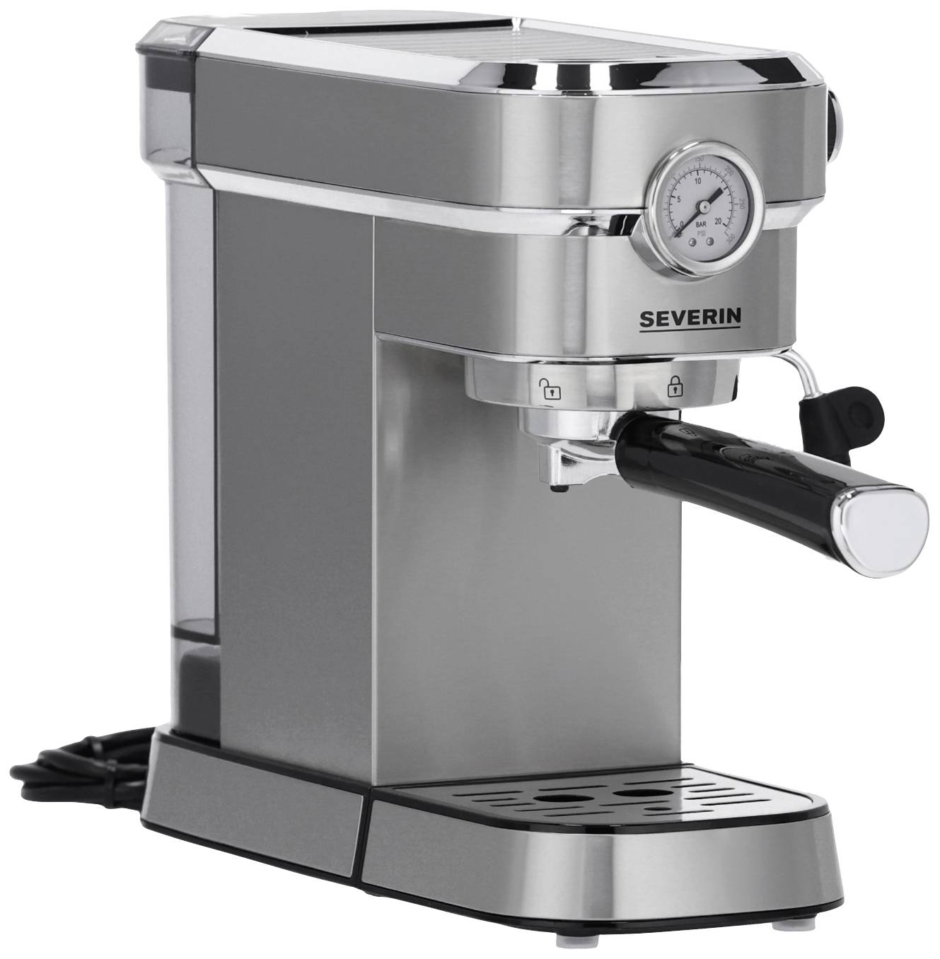 Severin KA 5995 Espressomaschine mit Siebträger Edelstahl (gebürstet), Schwarz 1350 W mit Milchaufschäumdüse