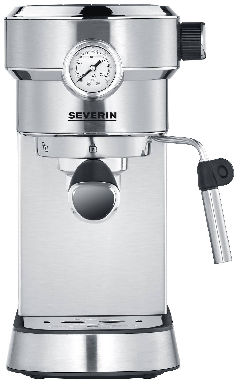 Severin KA 5995 Espressomaschine mit Siebträger Edelstahl (gebürstet), Schwarz 1350 W mit Milchaufschäumdüse