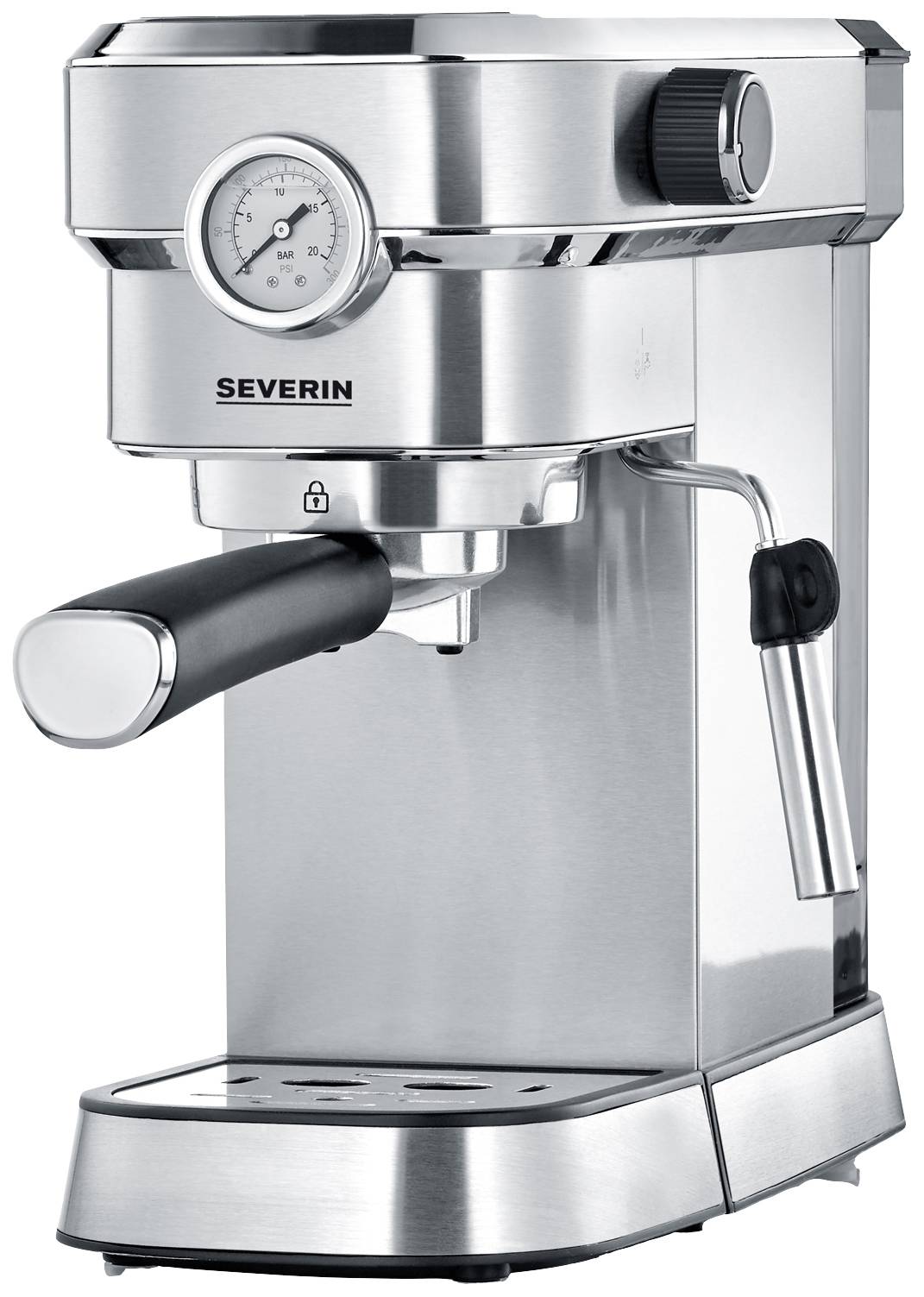 Severin KA 5995 Espressomaschine mit Siebträger Edelstahl (gebürstet), Schwarz 1350 W mit Milchaufschäumdüse