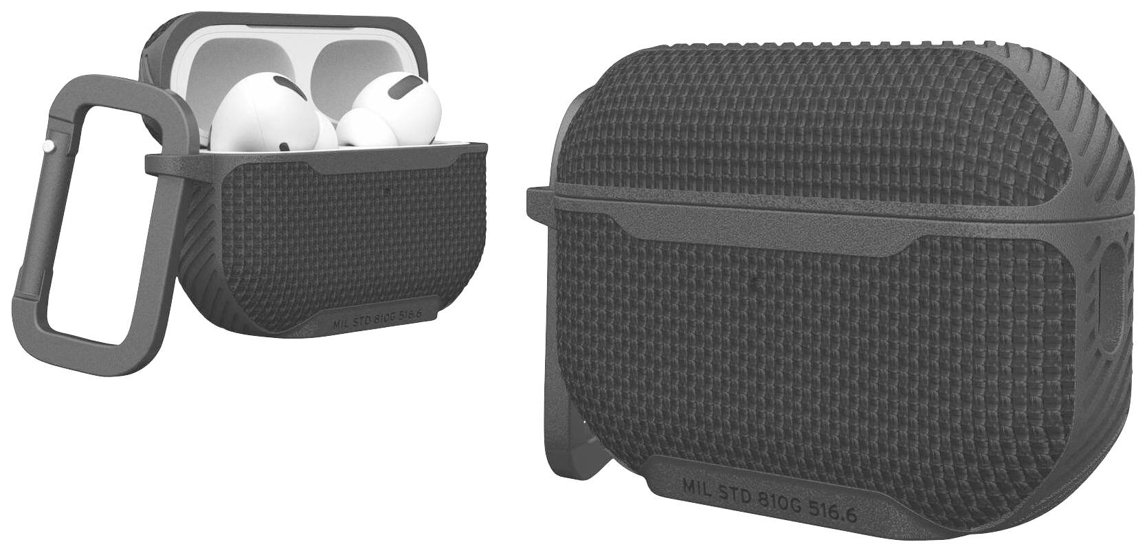Graues, texturiertes Ladeetui mit robustem Design, öffnet sich, um zwei kabellose Ohrhörer zu zeigen. Seitliches und vorderes Etui-Detail.