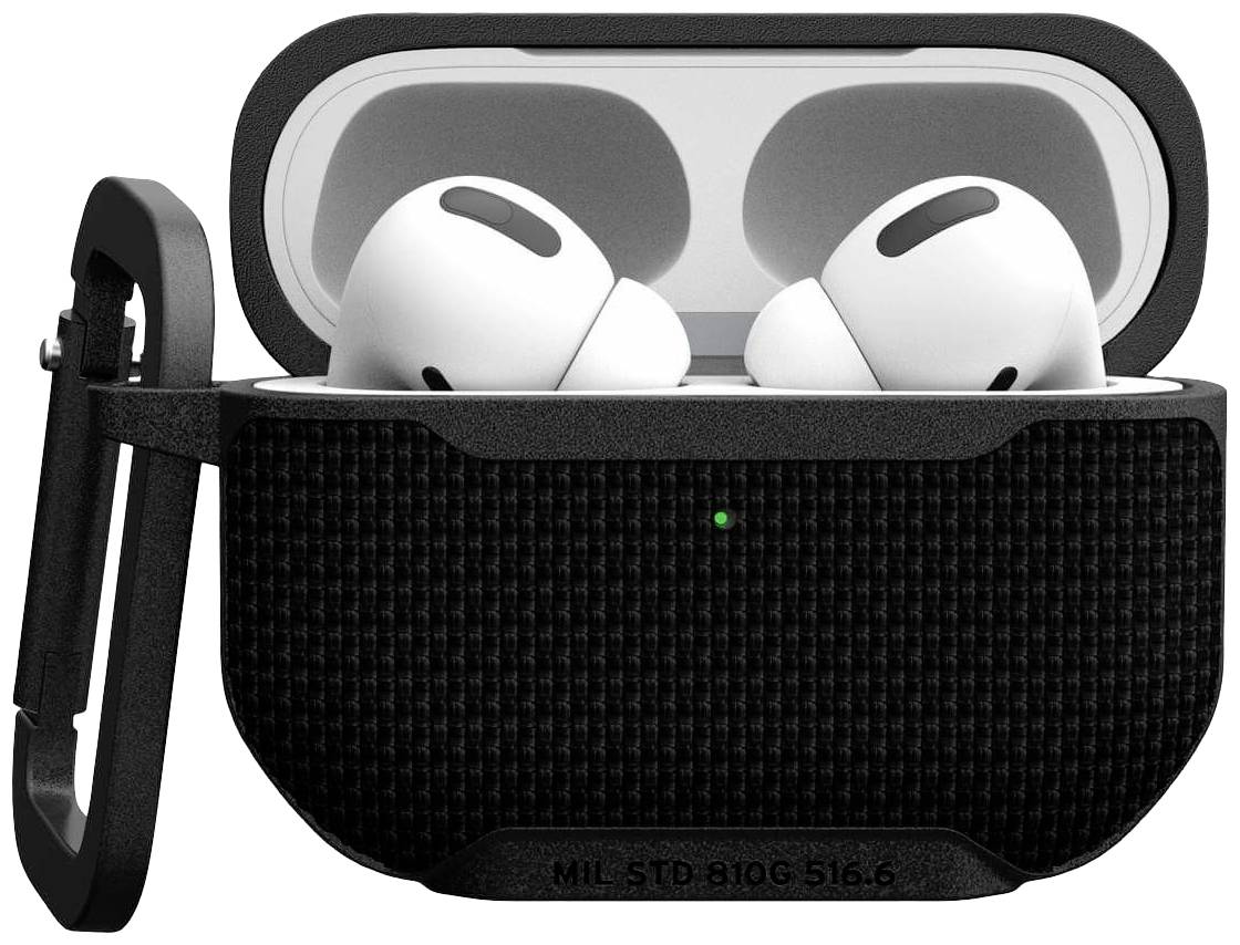 Kabellose Ohrhörer in einer schwarzen Schutzhülle mit Karabinerhaken. Die Hülle ist geöffnet, und die Ohrhörer sind sichtbar.