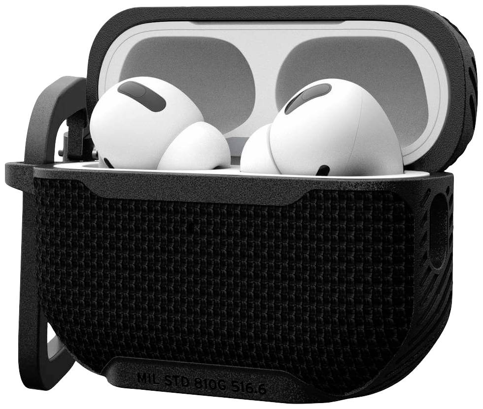 Schwarze Schutzhülle mit geöffnetem Deckel zeigt kabellose weiße Ohrhörer im Inneren, bereit zur Nutzung.