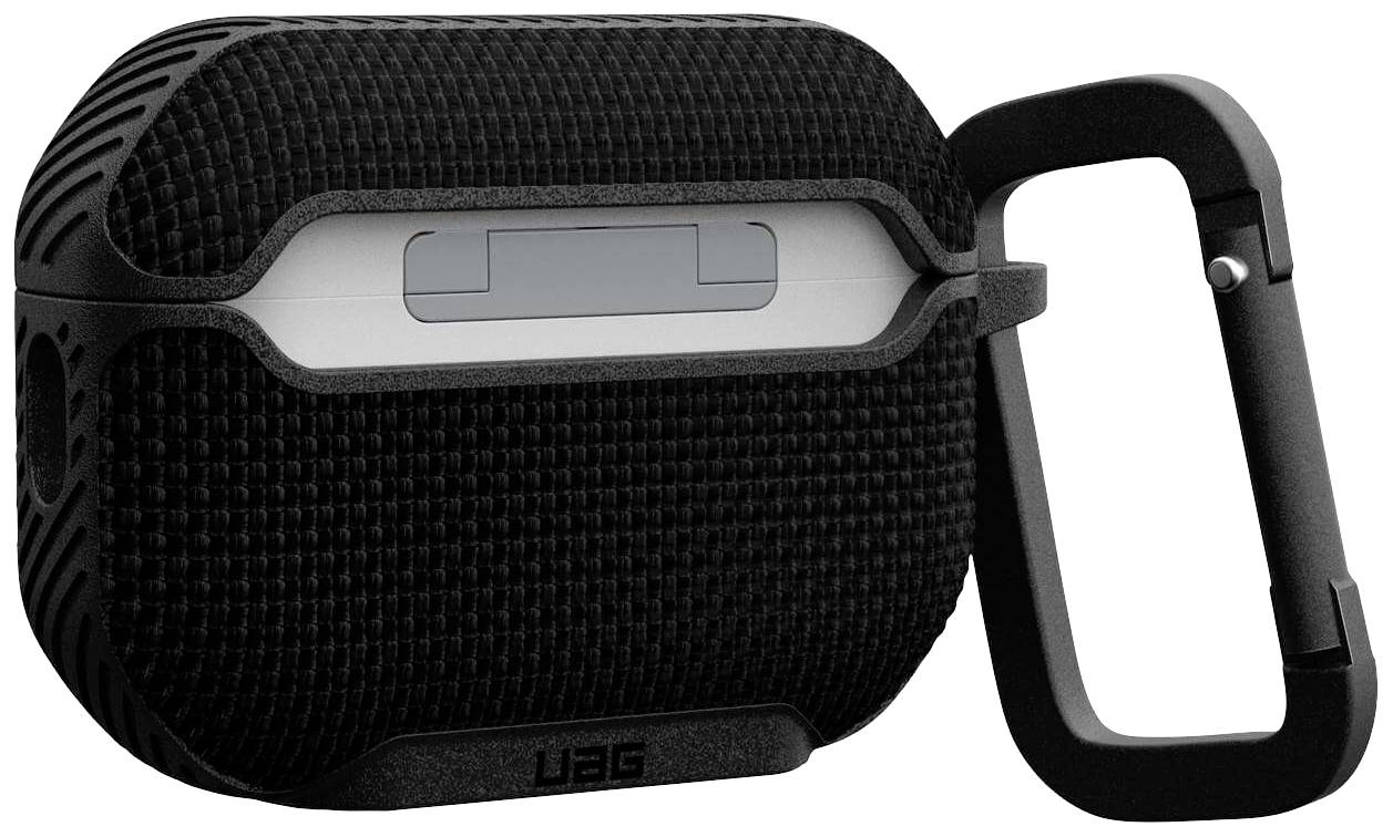 Schwarzes, robustes AirPods-Schutzhülle mit strukturiertem Design und Karabinerhaken zum einfachen Befestigen an Gegenständen.