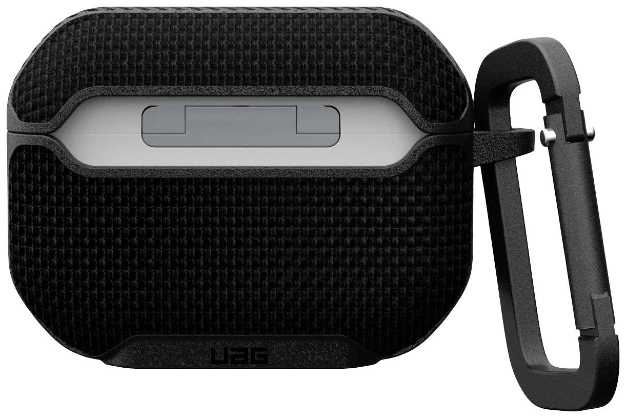 AirPods-Hülle aus schwarzem Material mit strukturierter Oberfläche, integriertem Clip für einfache Befestigung.